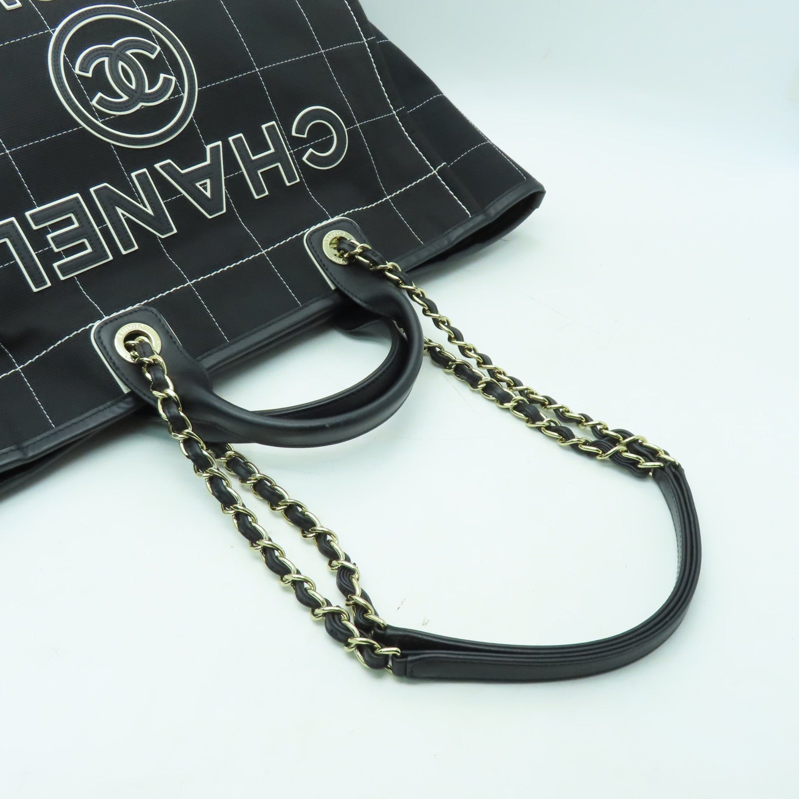 CHANEL 帆布Deauville Tote銀扣手挽肩背兩用袋黑色