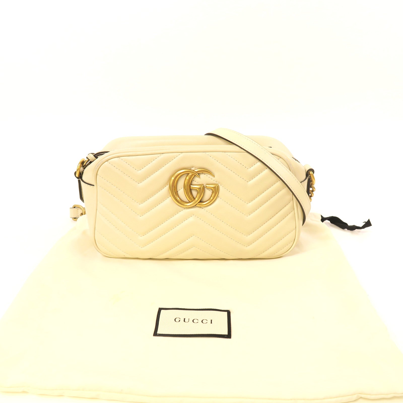 GUCCI 皮革Marmont GG金扣肩背袋白色