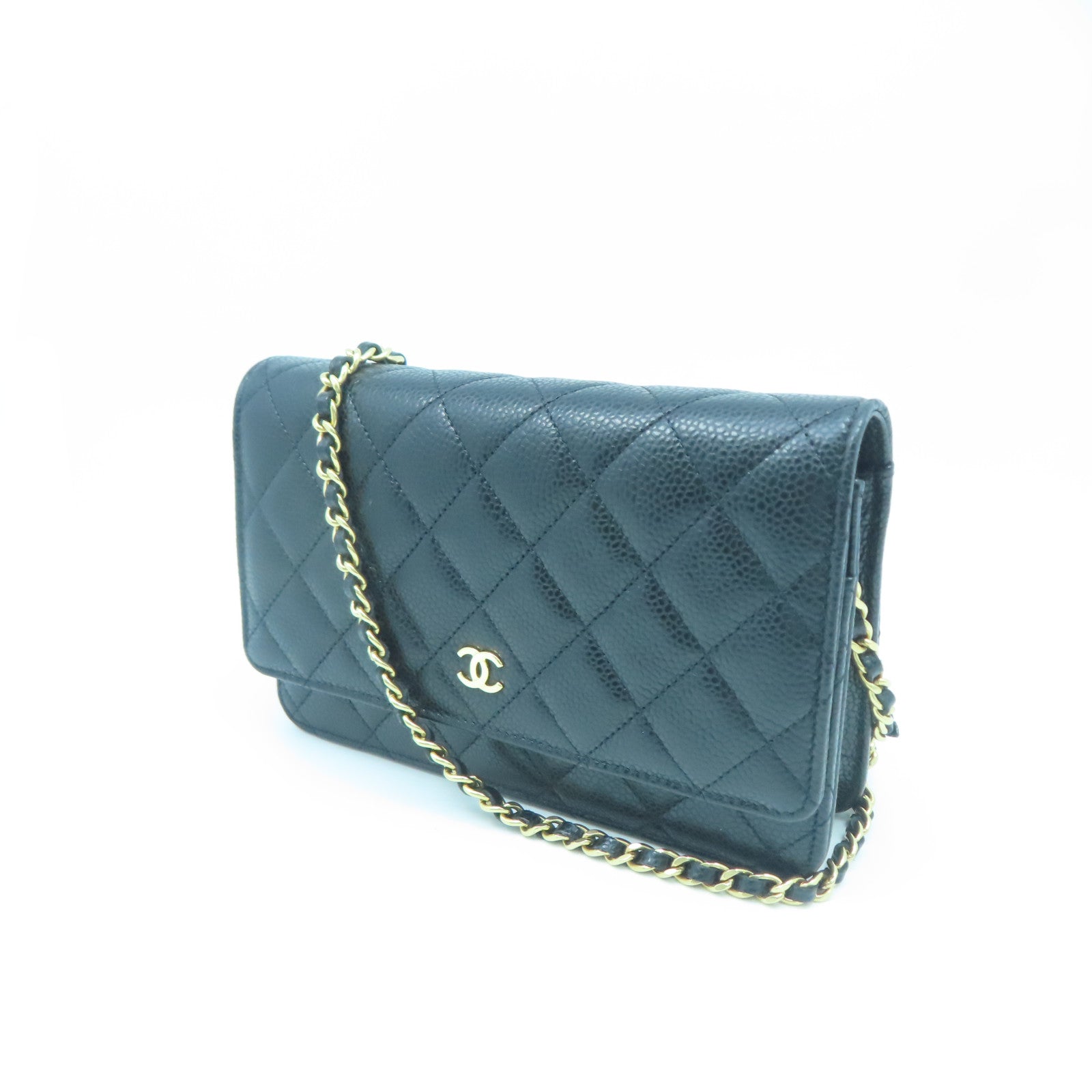 CHANEL 菱格Caviar皮革Wallet On Chain金扣鏈帶肩背袋黑色