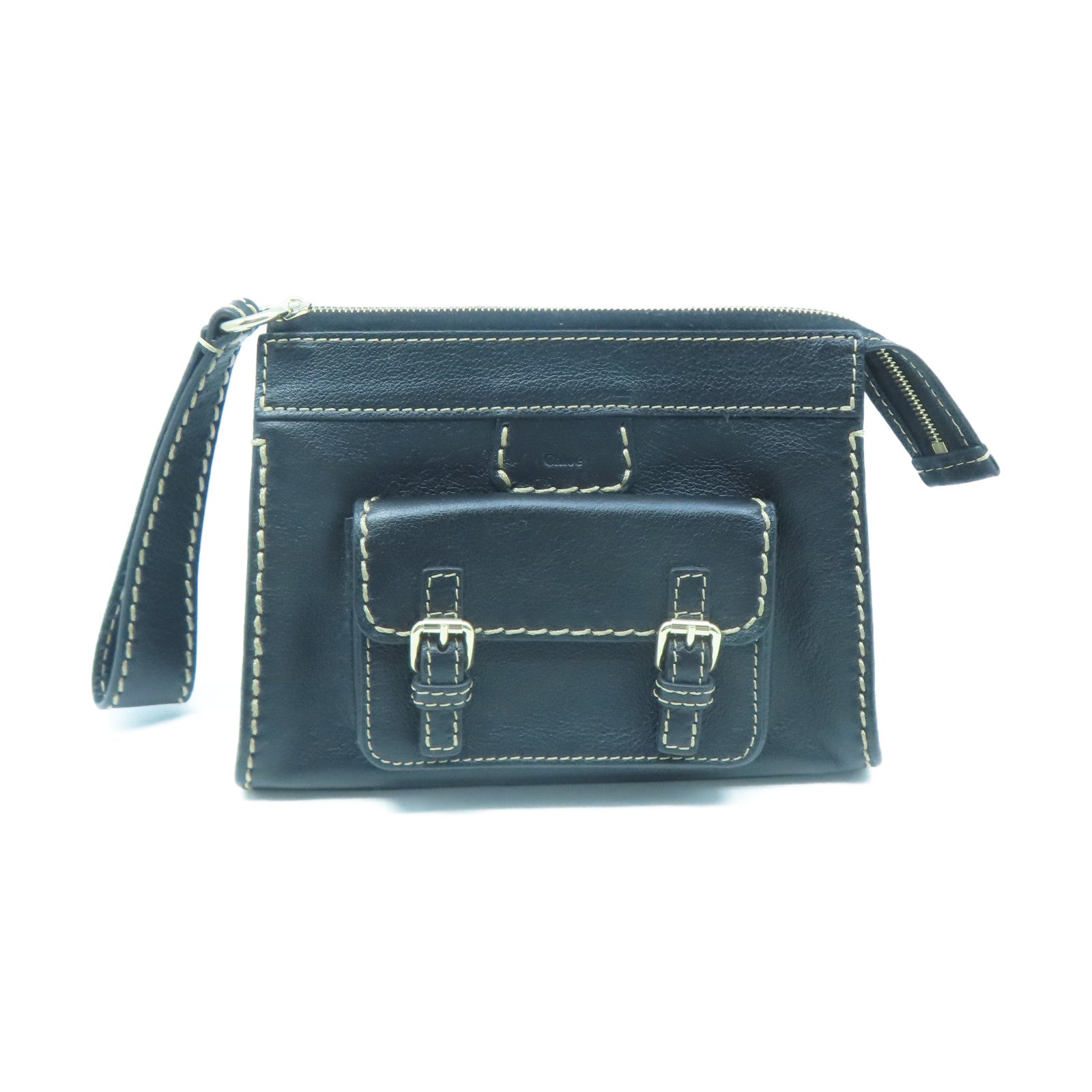 Chloe Leather Pouch Gold Buckle Clutch Black