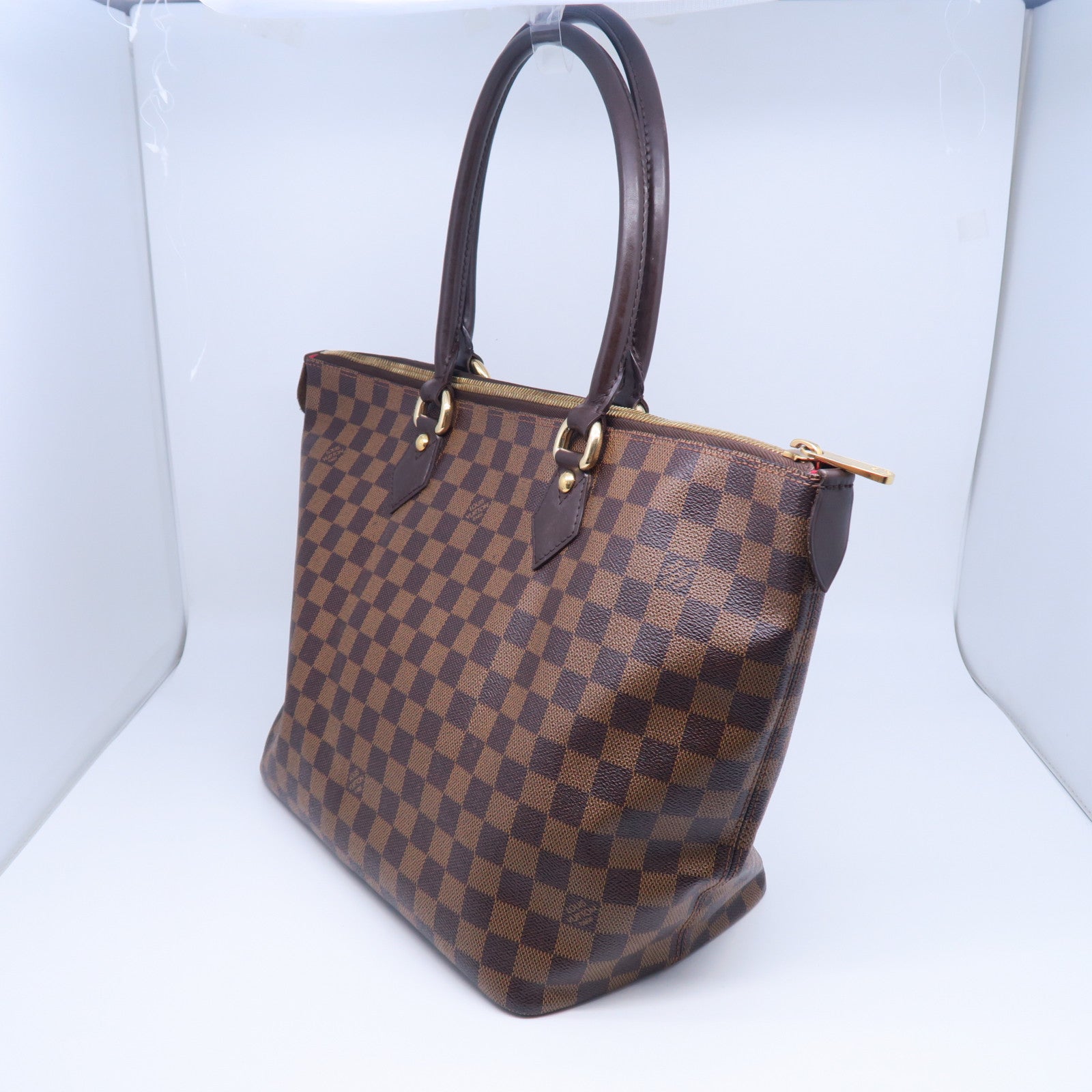 LOUIS VUITTON Damier Saleya MM金扣手挽袋棕色