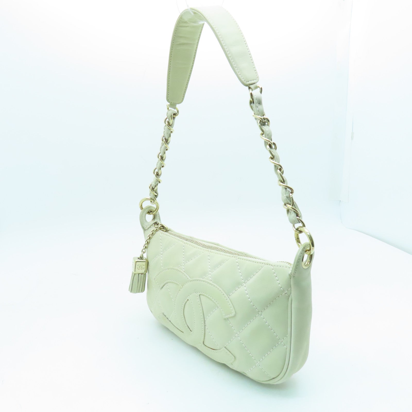 CHANEL 菱格牛皮皮革Vintage Hangbag金扣手挽袋白色
