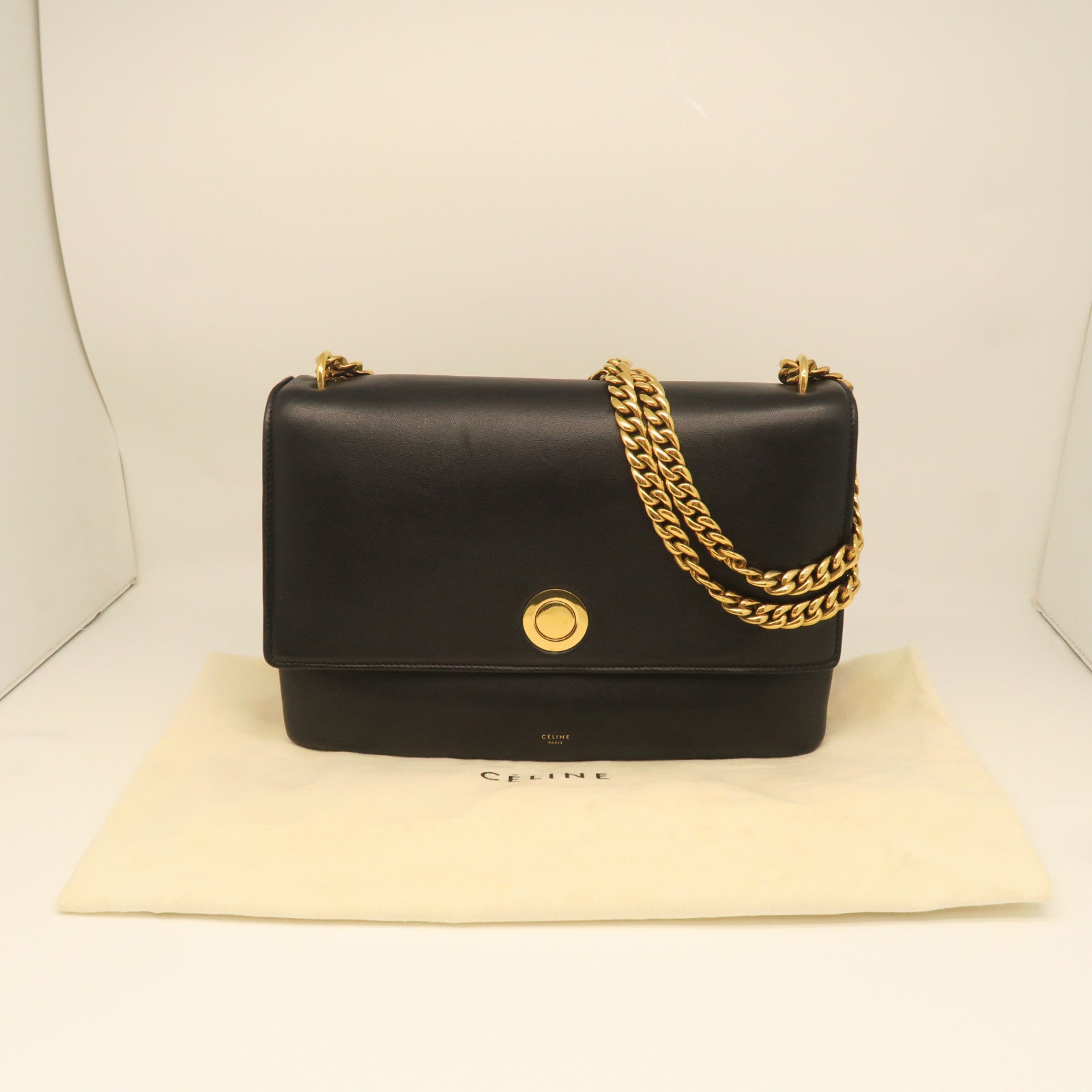 CELINE cowhide leather Shoulder Bag gold buckle shoulder bag black