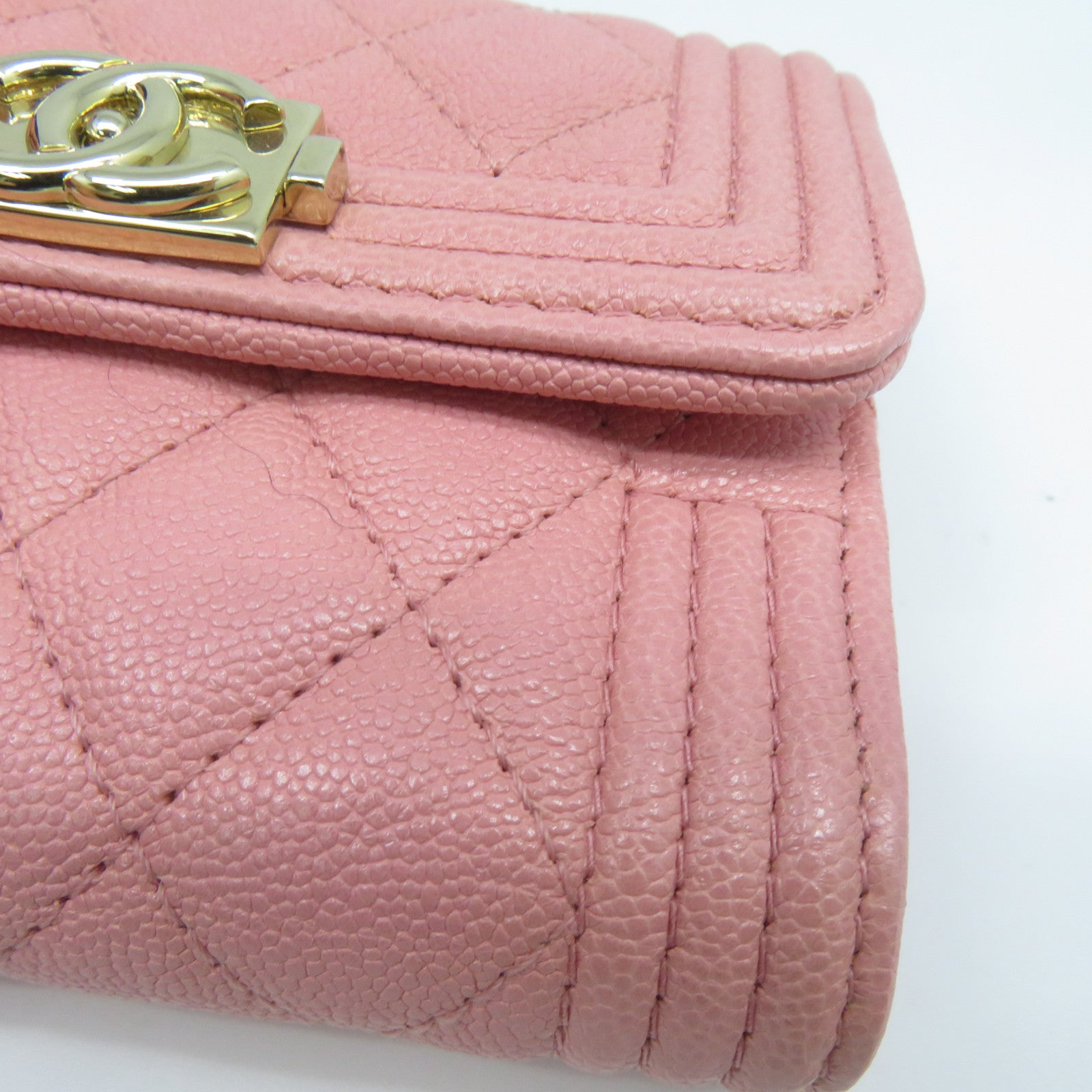 CHANEL 菱格Caviar皮革Boy Wallet金扣錢包粉紅色