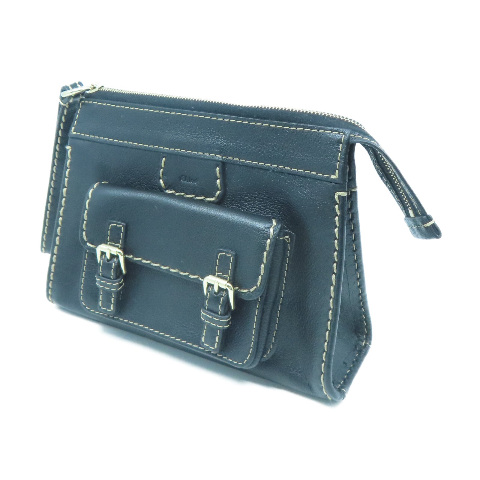 Chloe Leather Pouch Gold Buckle Clutch Black