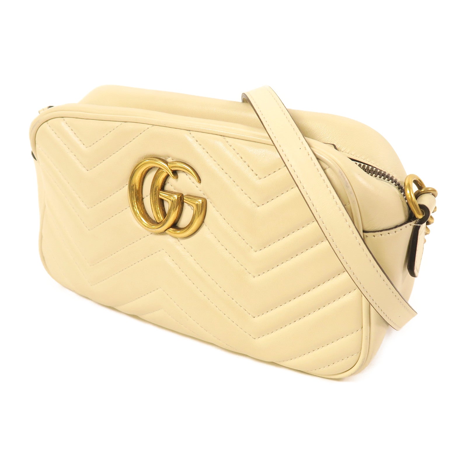 GUCCI 皮革Marmont GG金扣肩背袋白色
