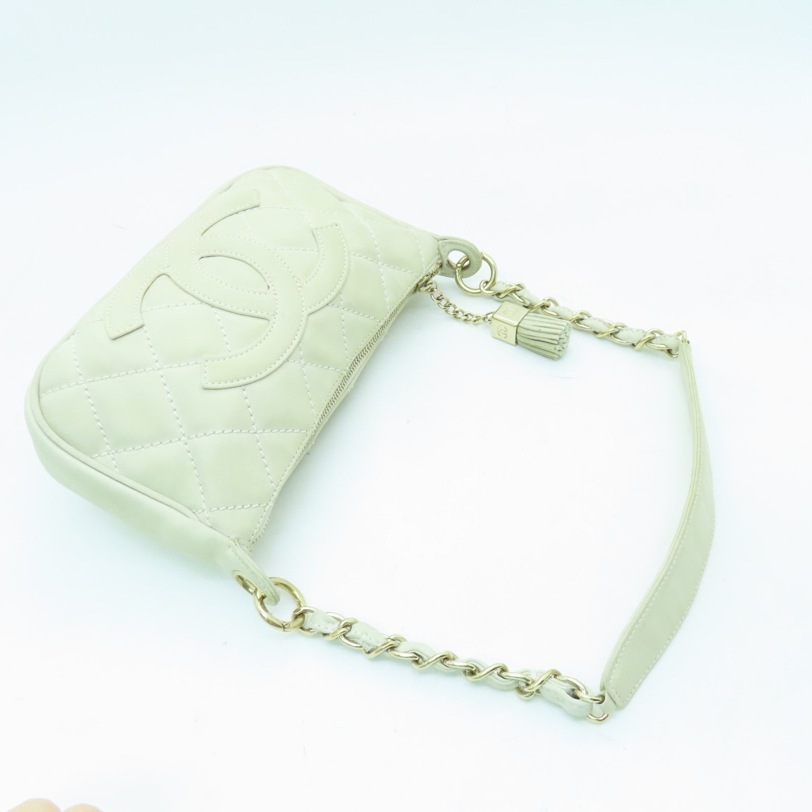 CHANEL 菱格牛皮皮革Vintage Hangbag金扣手挽袋白色