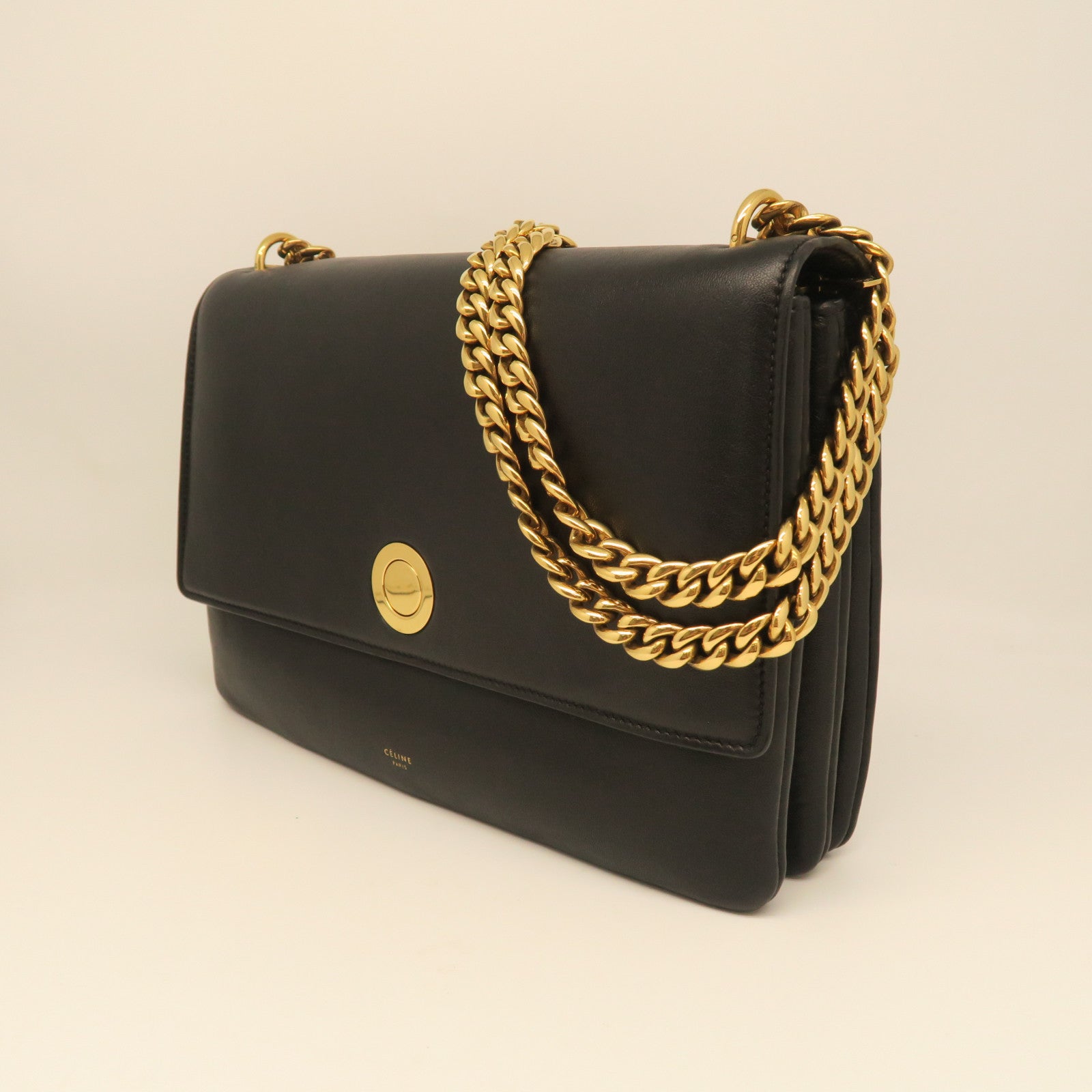 CELINE cowhide leather Shoulder Bag gold buckle shoulder bag black
