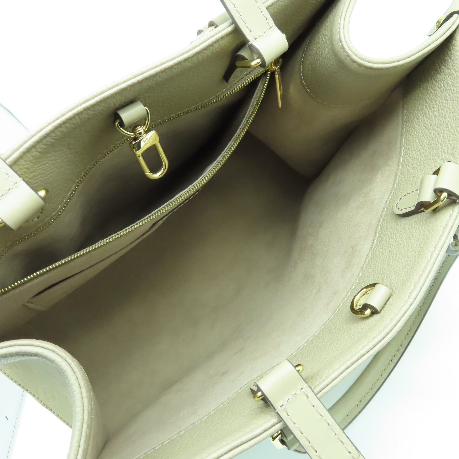 LOUIS VUITTON Monogram Empreinte On The Go MM金扣手挽肩背兩用袋米色