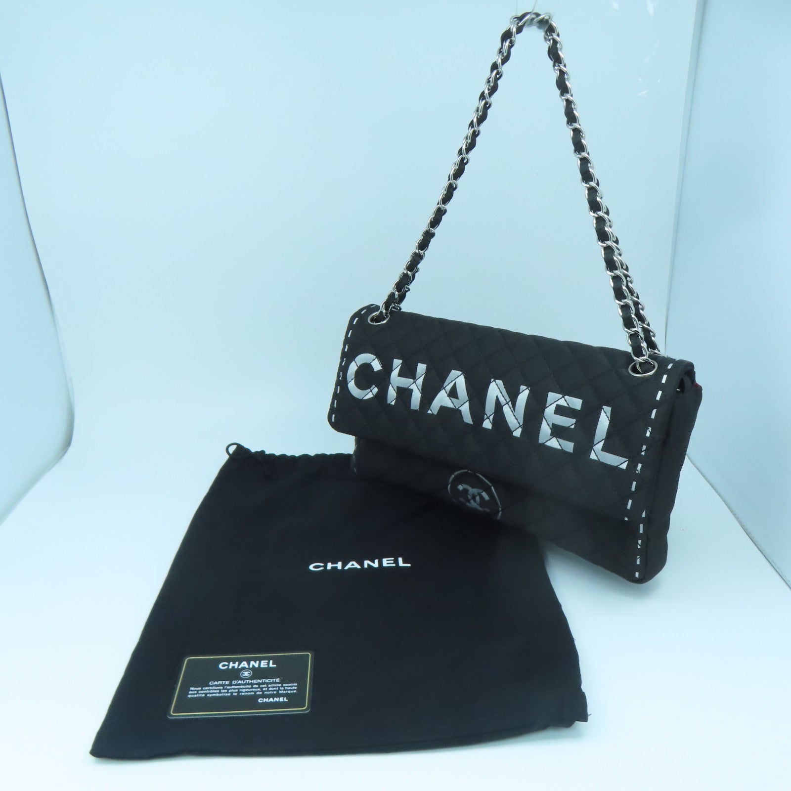 CHANEL Rhombus Nylon Chain Shoulder Silver Buckle Shoulder Bag Black