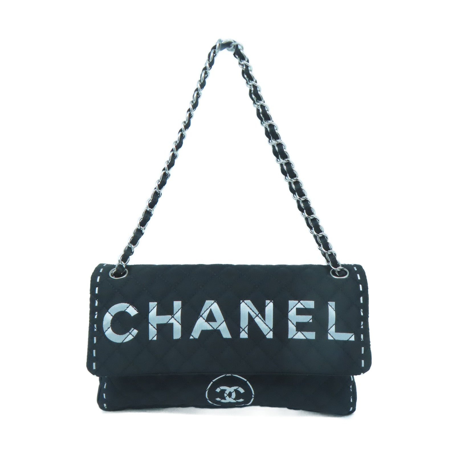 CHANEL Rhombus Nylon Chain Shoulder Silver Buckle Shoulder Bag Black