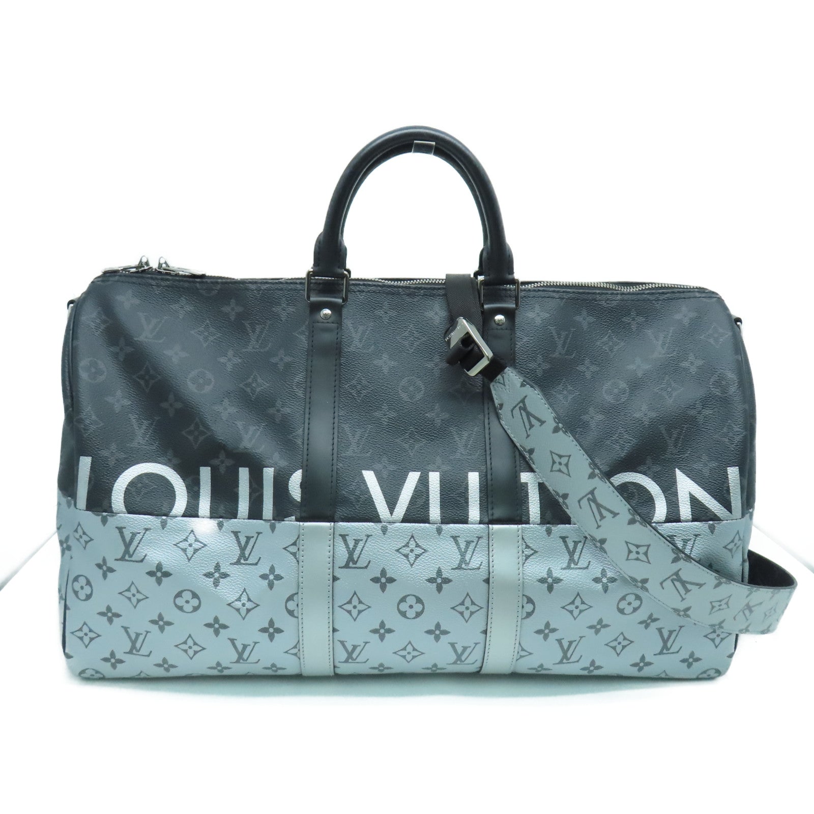 LOUIS VUITTON Monogram Eclipse Keepall 50 Silver Buckle Handle Shoulder Bag Black/Silver