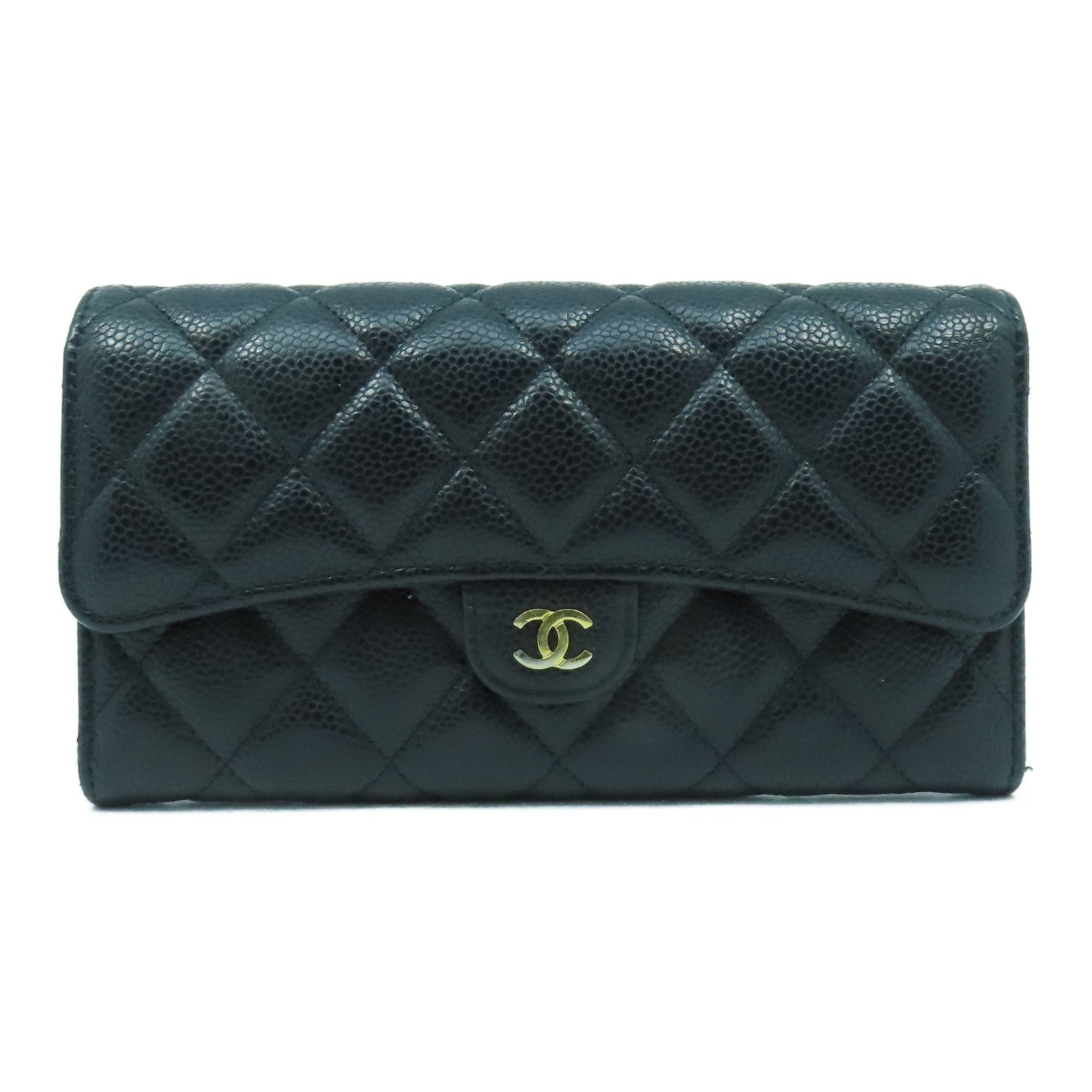 CHANEL 菱格Caviar皮革Long Wallet金扣長錢包黑色