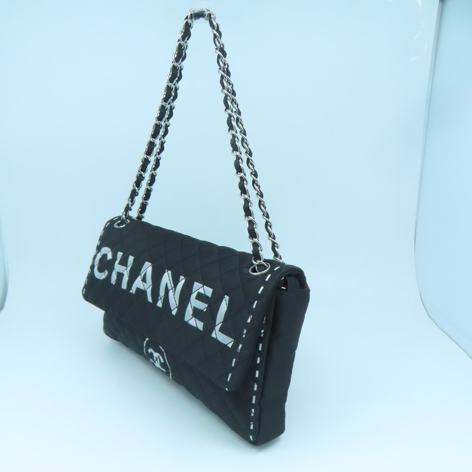 CHANEL Rhombus Nylon Chain Shoulder Silver Buckle Shoulder Bag Black