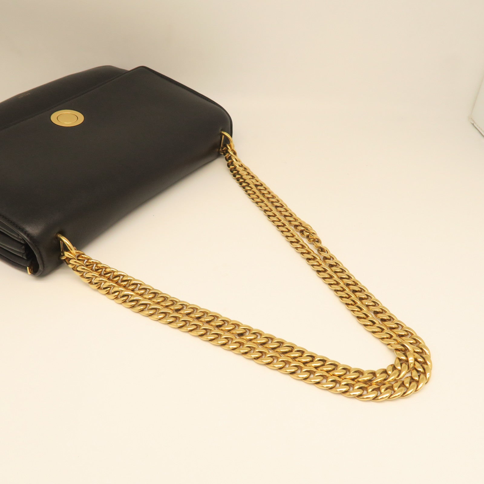 CELINE cowhide leather Shoulder Bag gold buckle shoulder bag black
