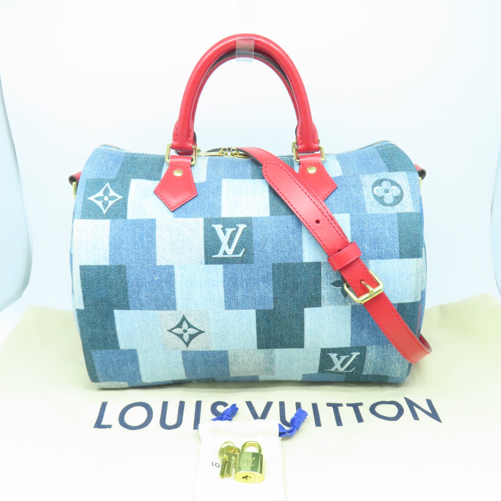 LOUIS VUITTON 【激減優惠】Monogram Denim Speedy 30 Bandouliere金扣手挽肩背兩用袋藍色