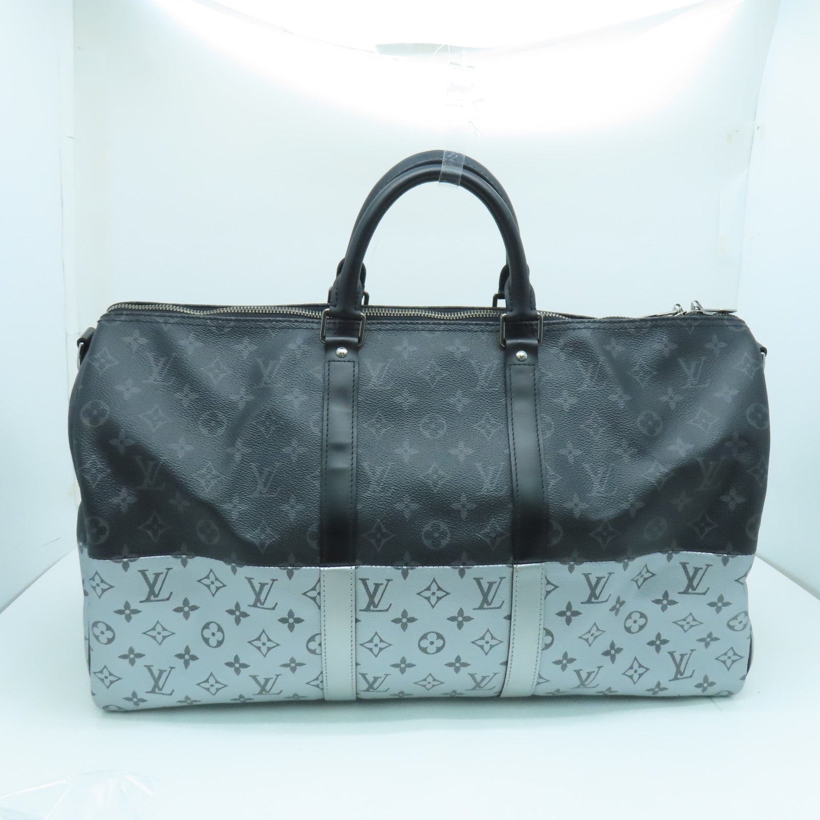 LOUIS VUITTON Monogram Eclipse Keepall 50 Silver Buckle Handle Shoulder Bag Black/Silver