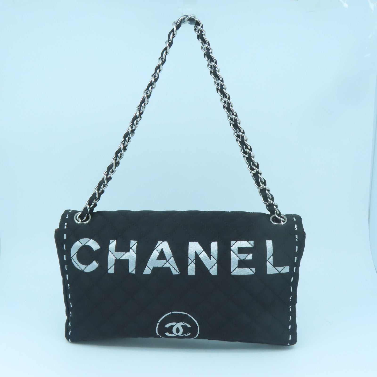 CHANEL Rhombus Nylon Chain Shoulder Silver Buckle Shoulder Bag Black