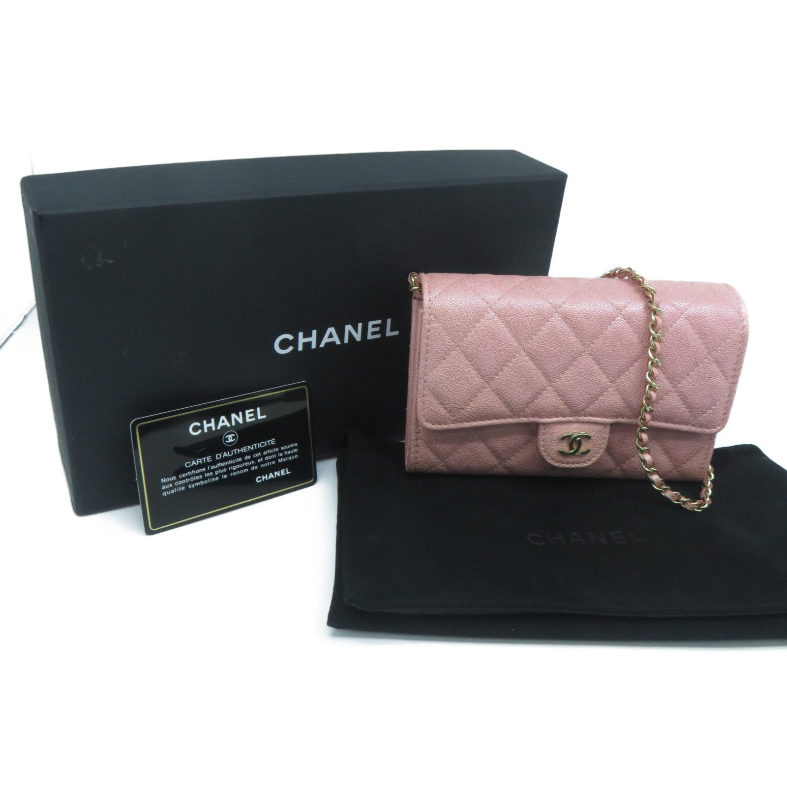 CHANEL 菱格Caviar皮革Wallet With Chain金扣鏈帶肩背袋粉紅色