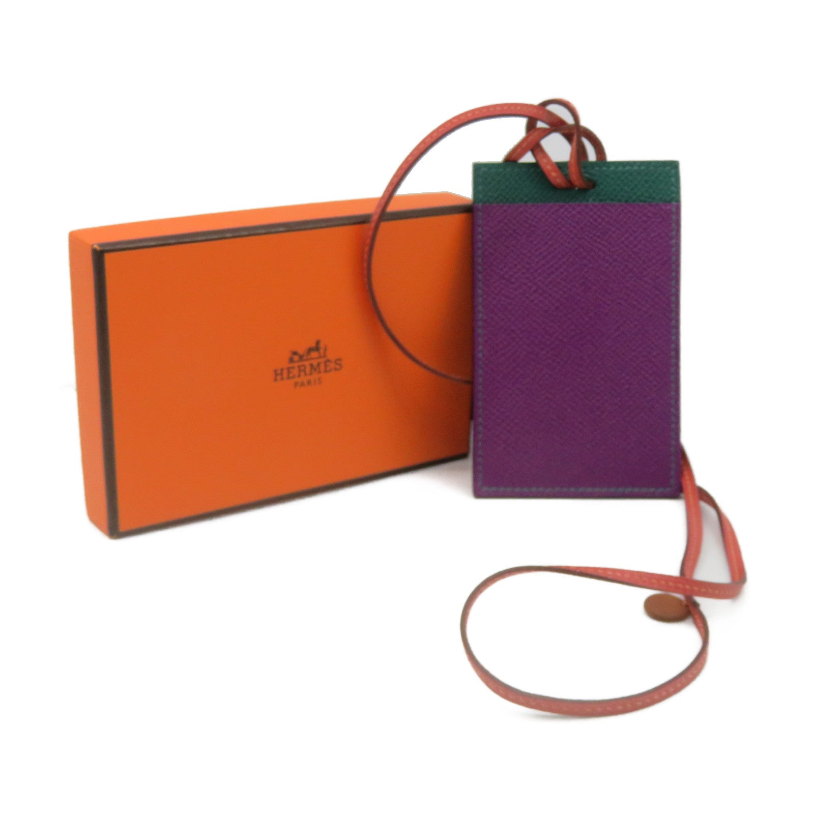 HERMES Epsom皮革Card Holder With Strap卡套P9/Z6紫色/綠色