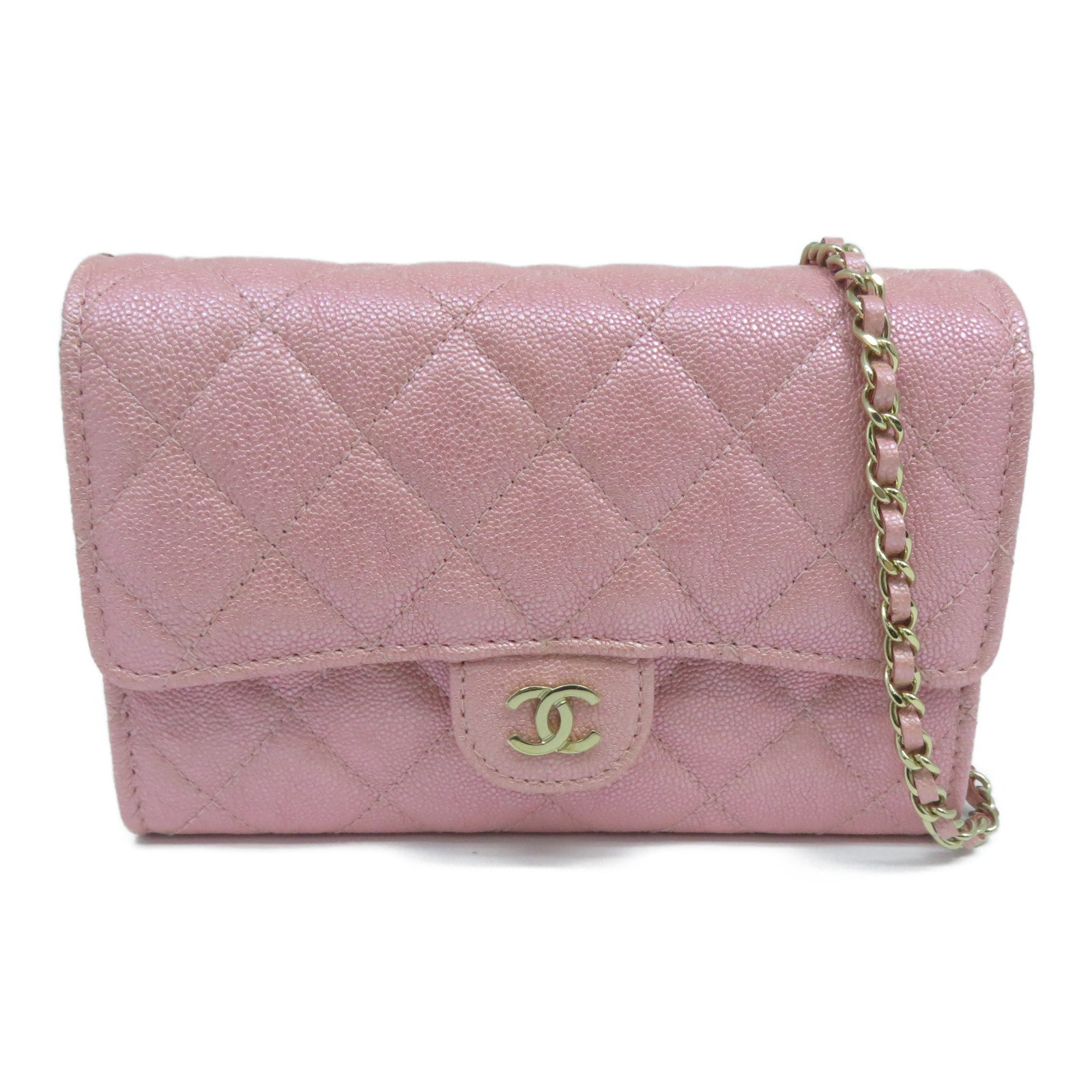 CHANEL 菱格Caviar皮革Wallet With Chain金扣鏈帶肩背袋粉紅色