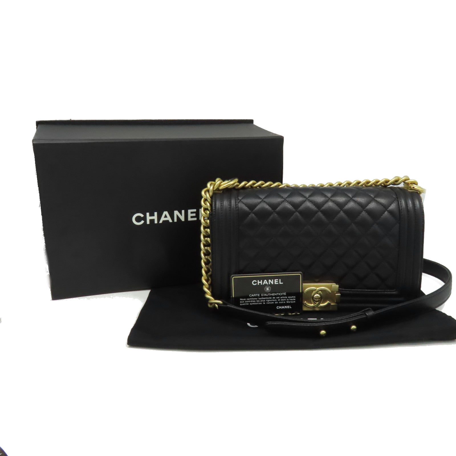 CHANEL 菱格Caviar皮革Boy Chanel 25cm Chain Shoulder Bag金扣鏈帶肩背袋黑色