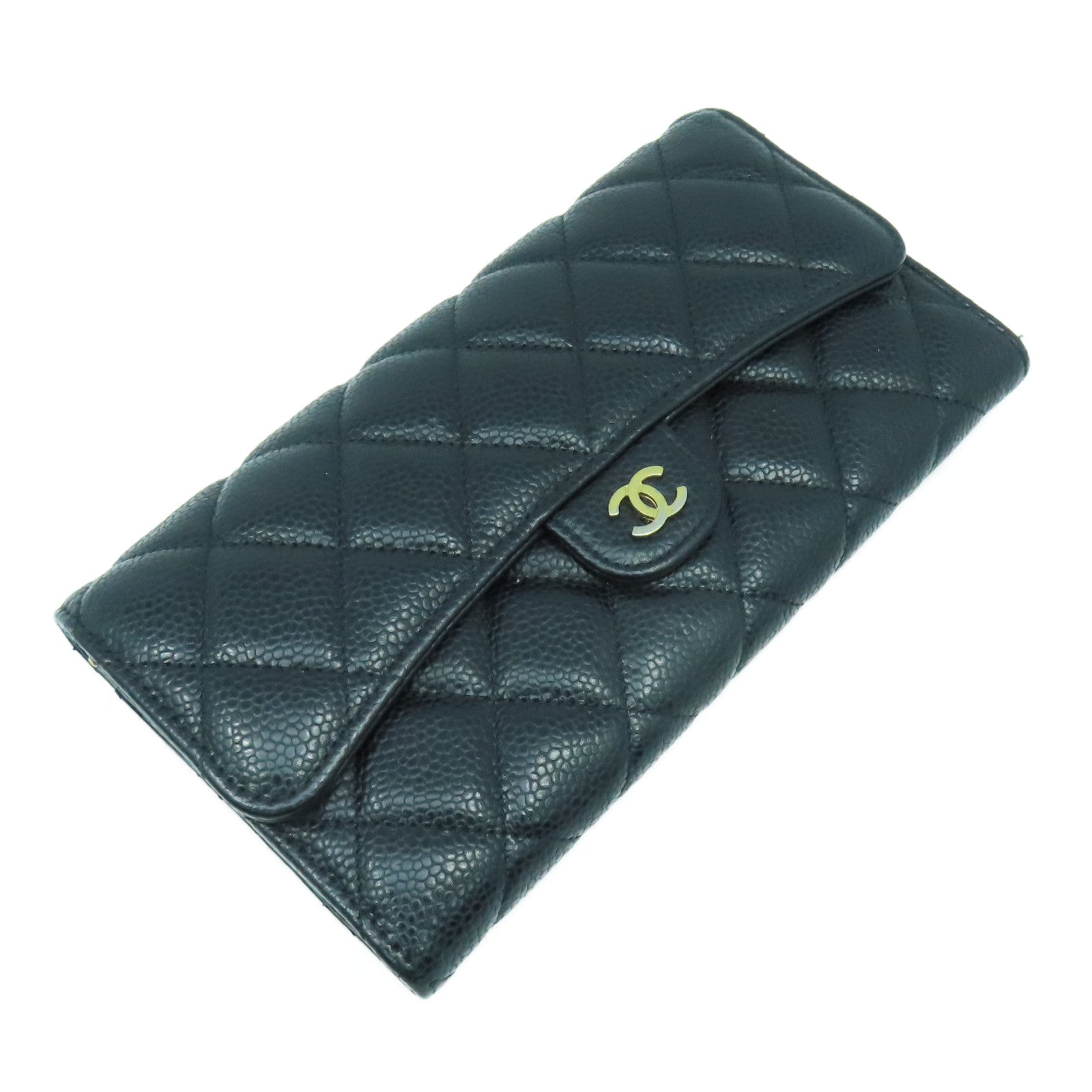 CHANEL 菱格Caviar皮革Long Wallet金扣長錢包黑色