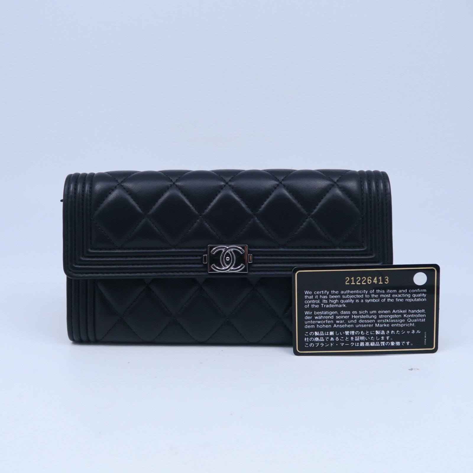 CHANEL 菱格羊皮皮革Boy Long Wallet銀扣長錢包黑色