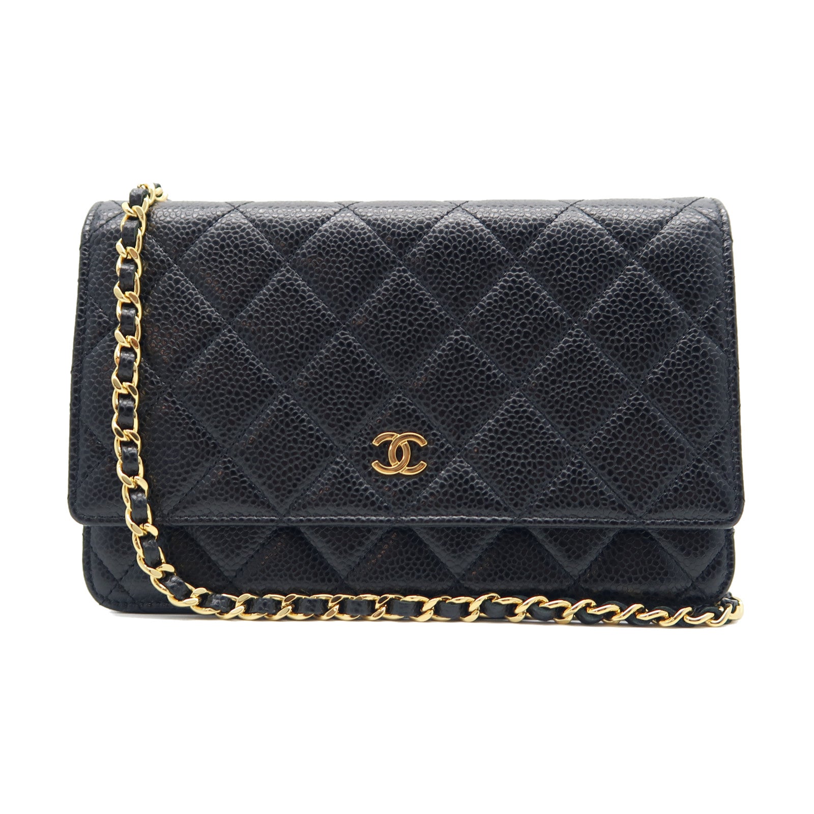 CHANEL 菱格牛皮皮革Wallet On Chain金扣鏈帶肩背袋黑色