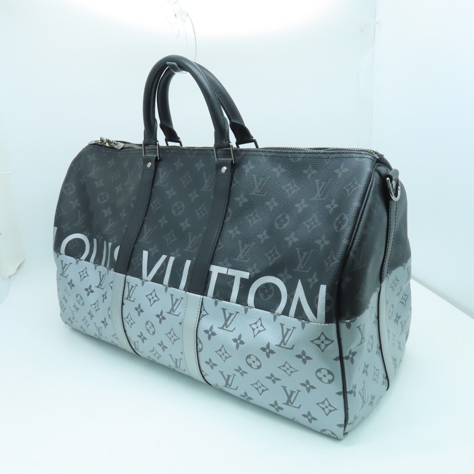 LOUIS VUITTON Monogram Eclipse Keepall 50 Silver Buckle Handle Shoulder Bag Black/Silver