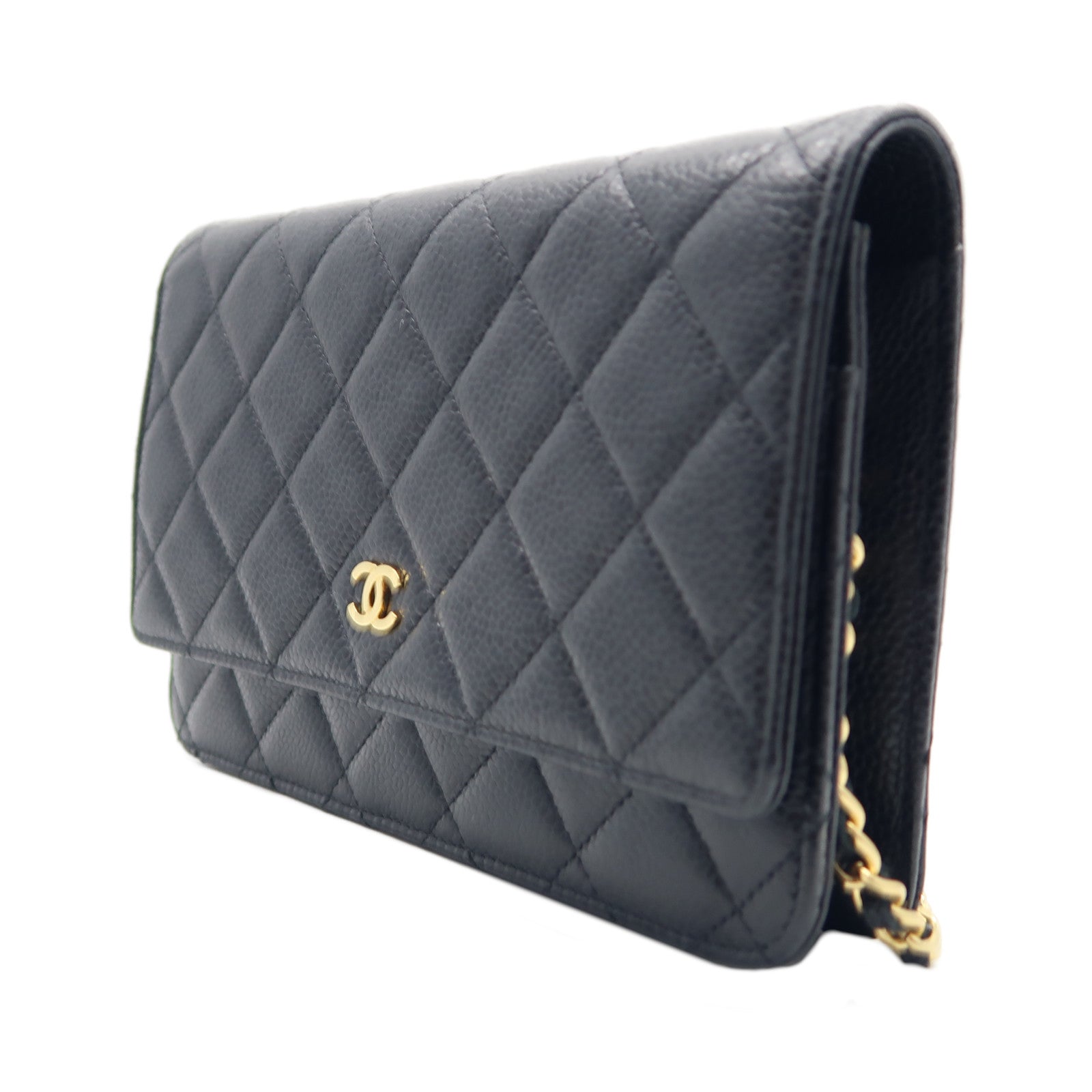 CHANEL 菱格牛皮皮革Wallet On Chain金扣鏈帶肩背袋黑色