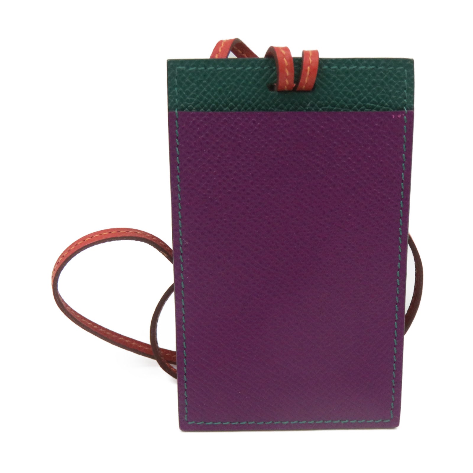 HERMES Epsom皮革Card Holder With Strap卡套P9/Z6紫色/綠色