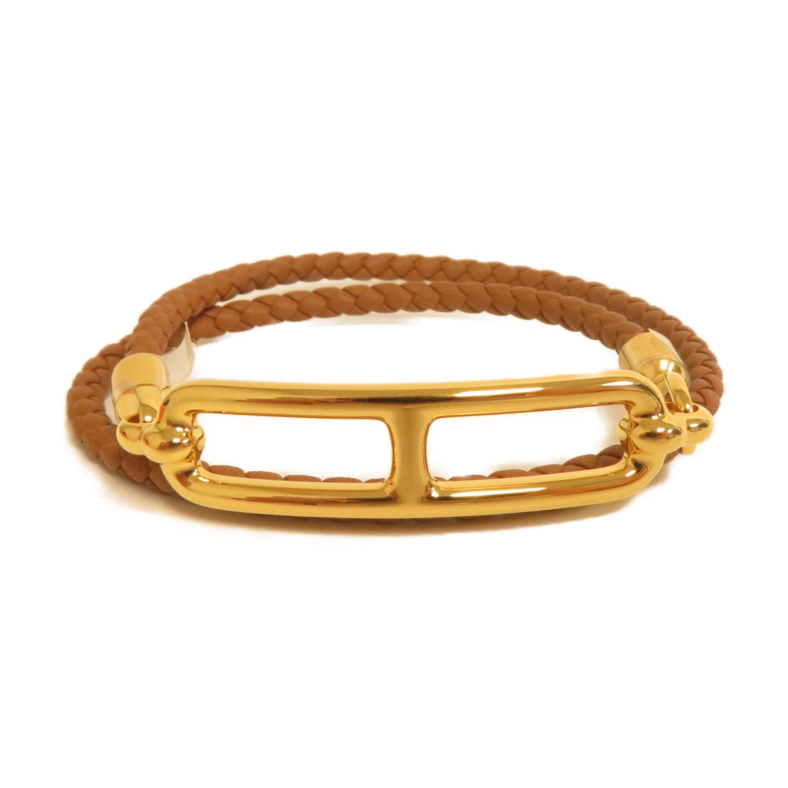 HERMES 牛皮皮革Roulis Double Tour Bracelet手鐲啡色/金色