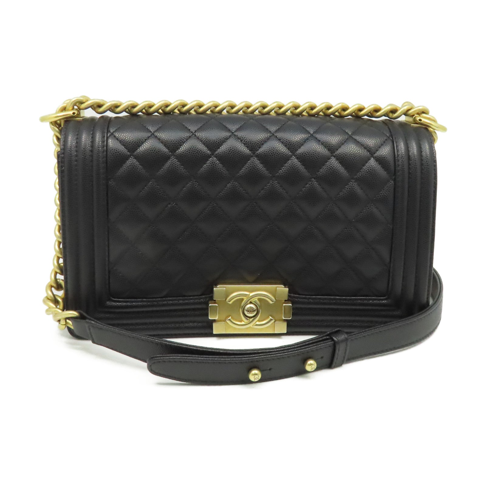 CHANEL 菱格Caviar皮革Boy Chanel 25cm Chain Shoulder Bag金扣鏈帶肩背袋黑色