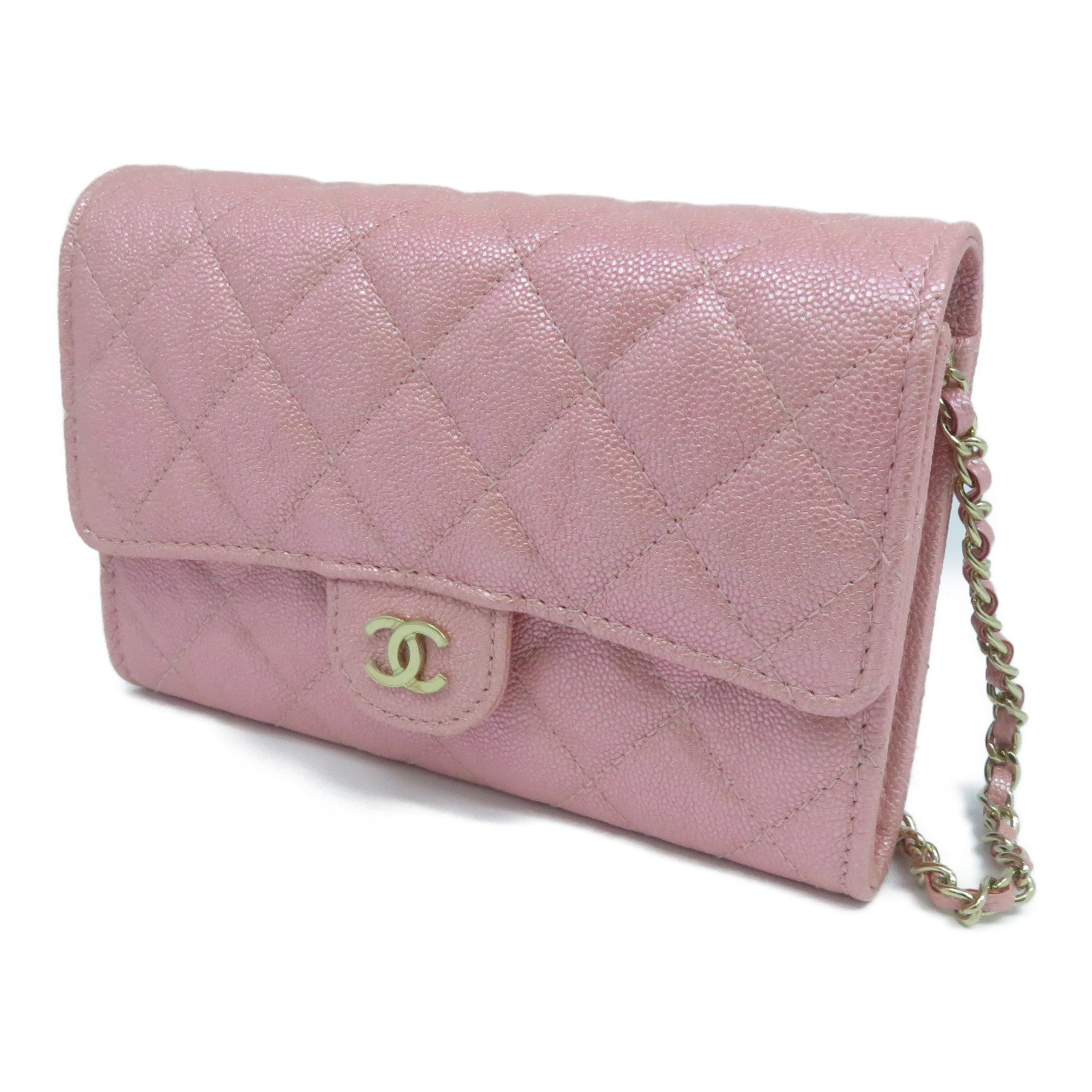 CHANEL 菱格Caviar皮革Wallet With Chain金扣鏈帶肩背袋粉紅色