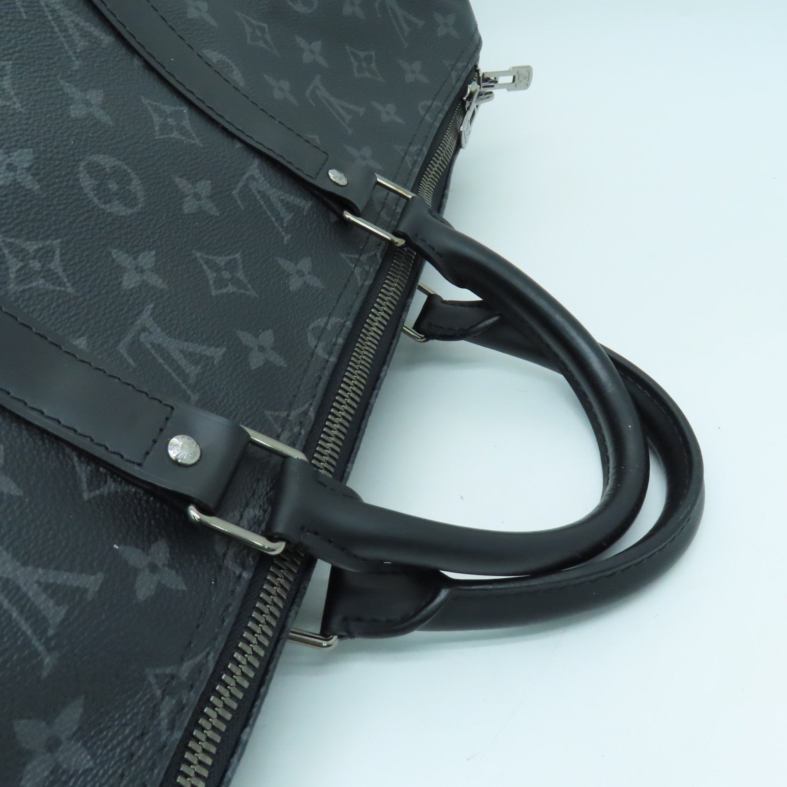 LOUIS VUITTON Monogram Eclipse Keepall 50 Silver Buckle Handle Shoulder Bag Black/Silver