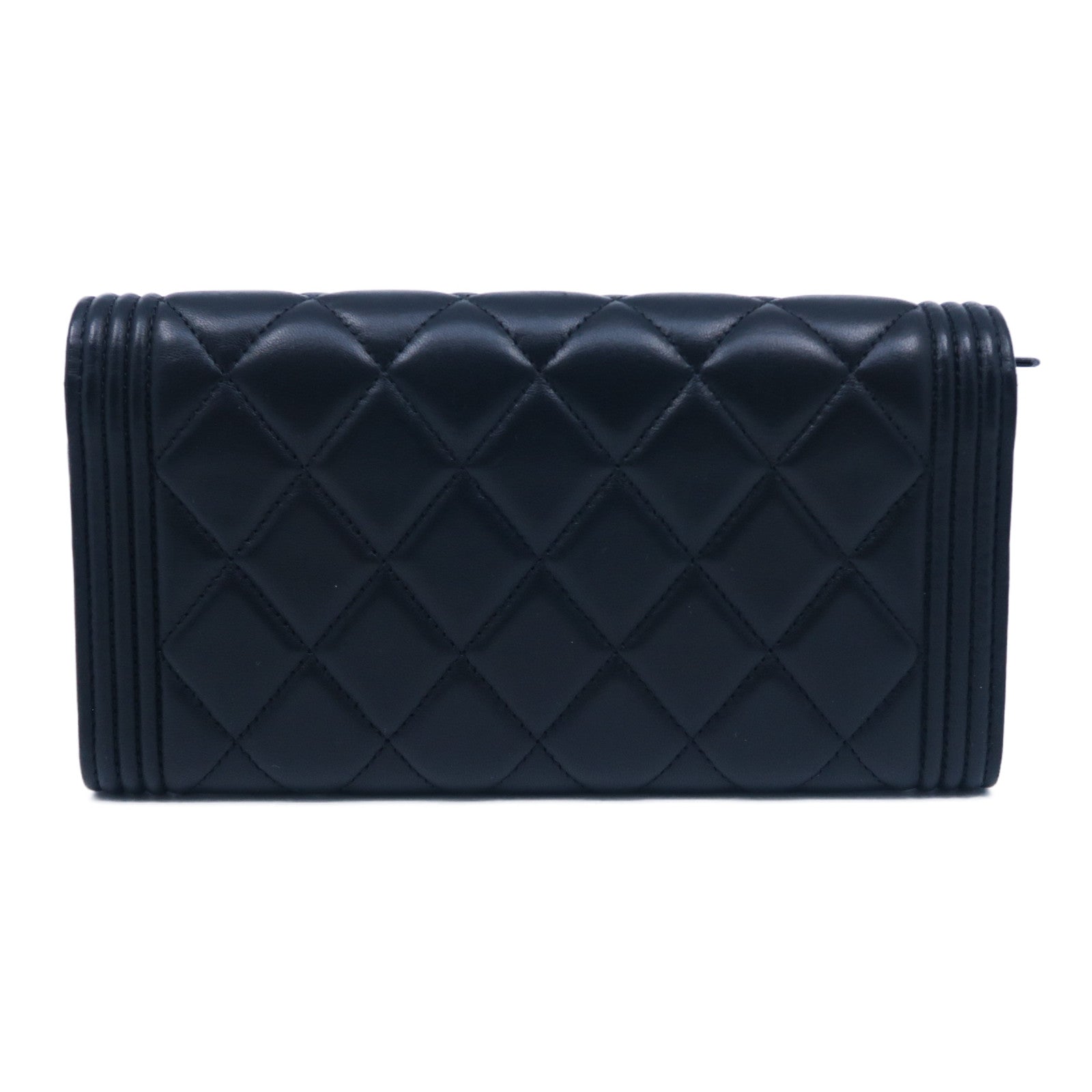 CHANEL 菱格羊皮皮革Boy Long Wallet銀扣長錢包黑色