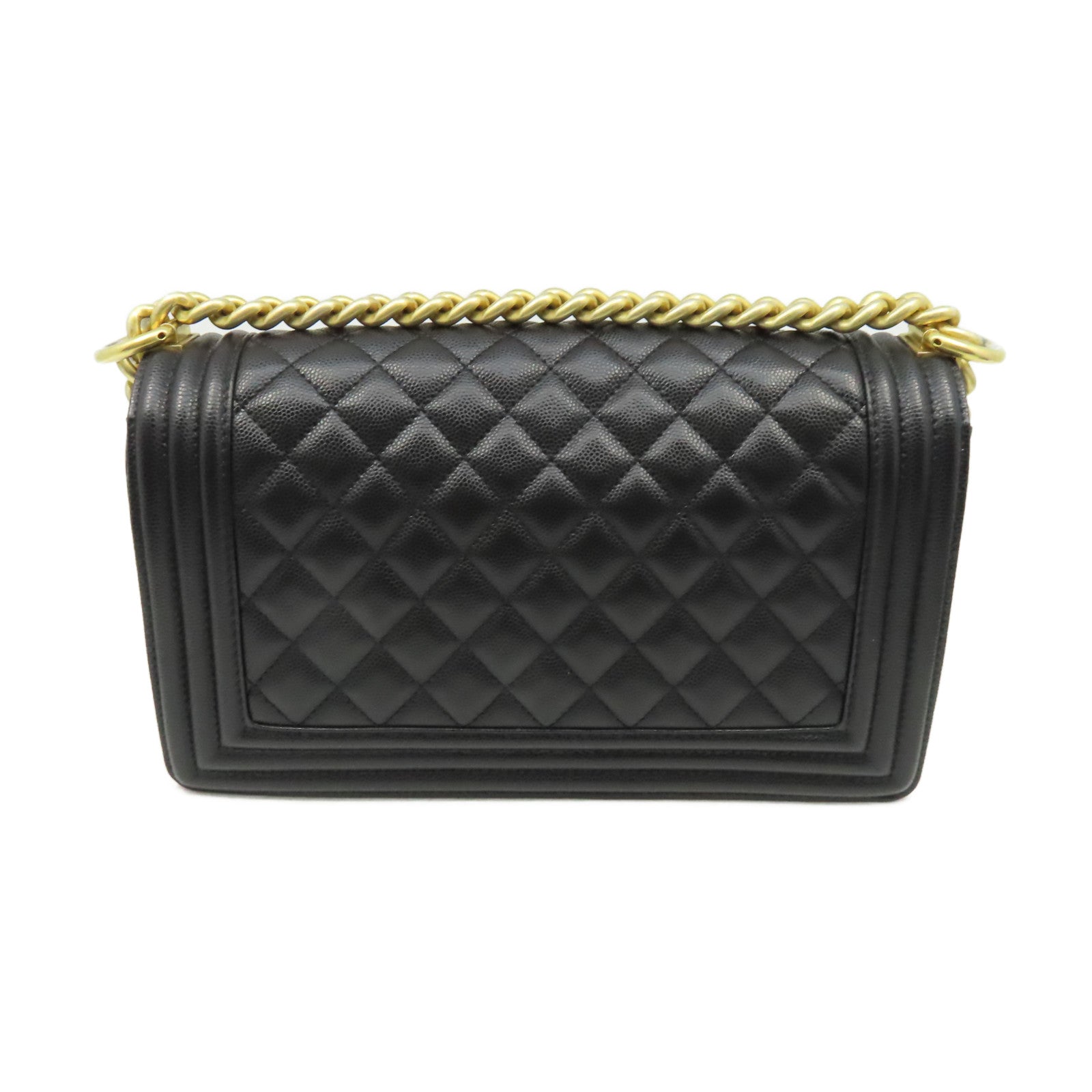 CHANEL 菱格Caviar皮革Boy Chanel 25cm Chain Shoulder Bag金扣鏈帶肩背袋黑色