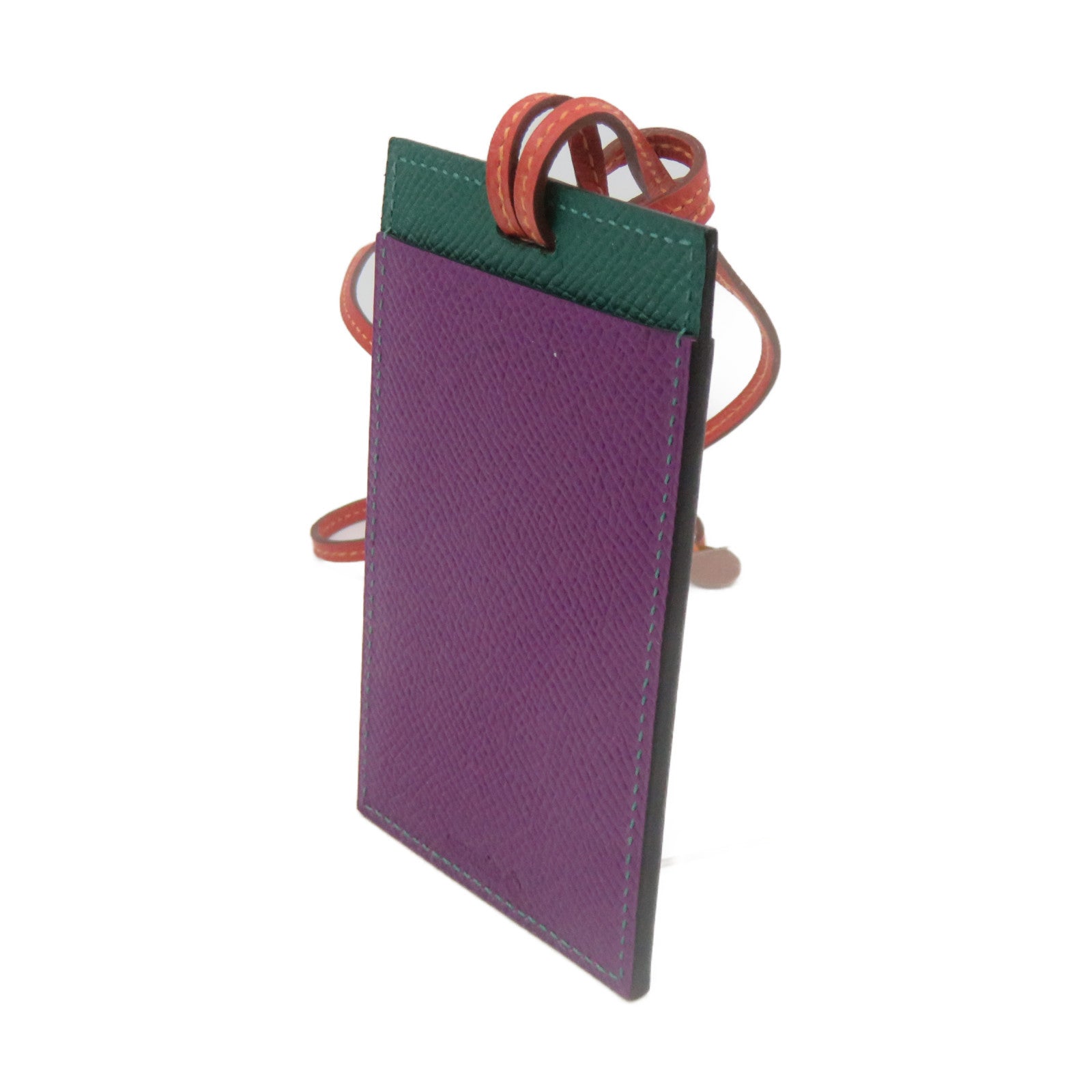 HERMES Epsom皮革Card Holder With Strap卡套P9/Z6紫色/綠色