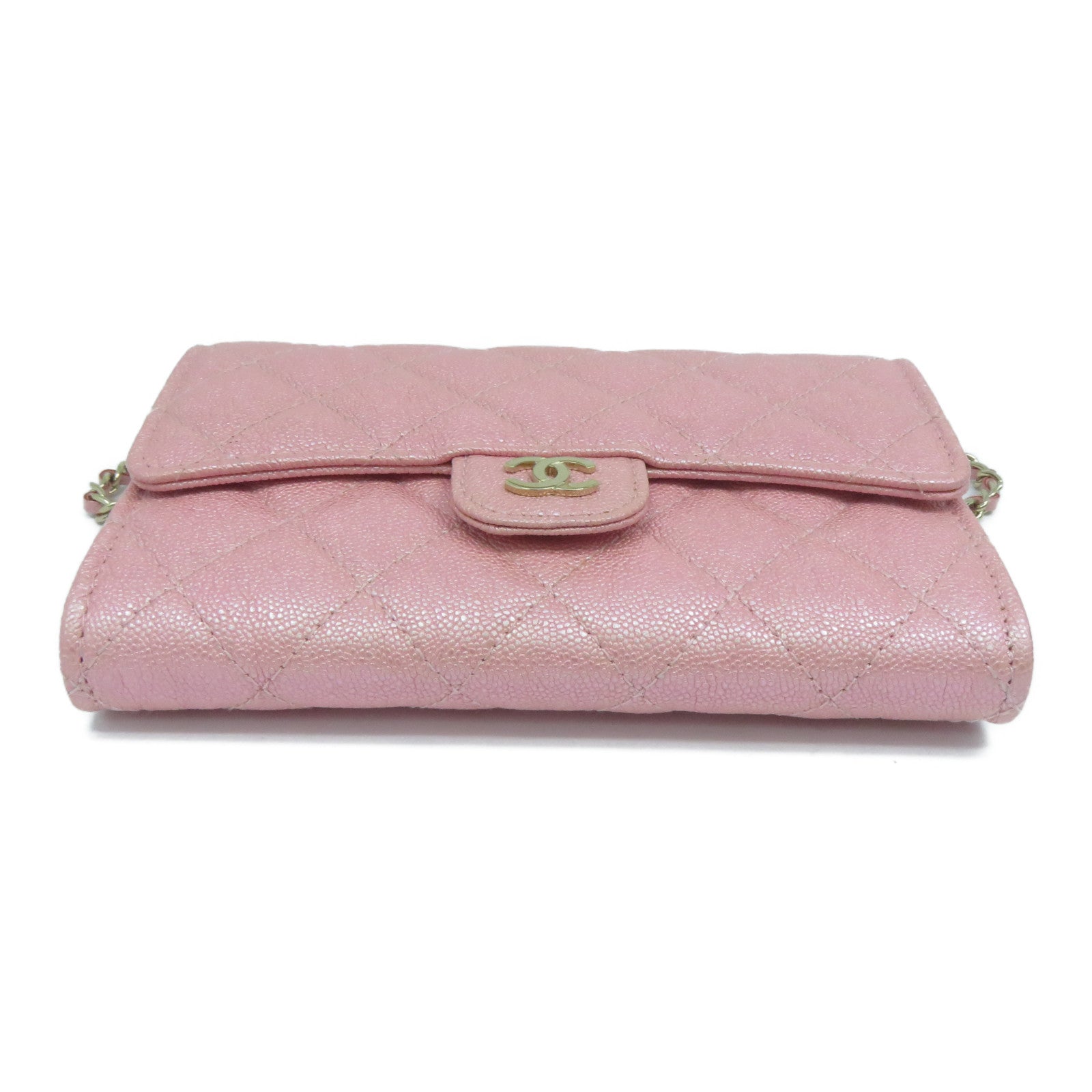 CHANEL 菱格Caviar皮革Wallet With Chain金扣鏈帶肩背袋粉紅色