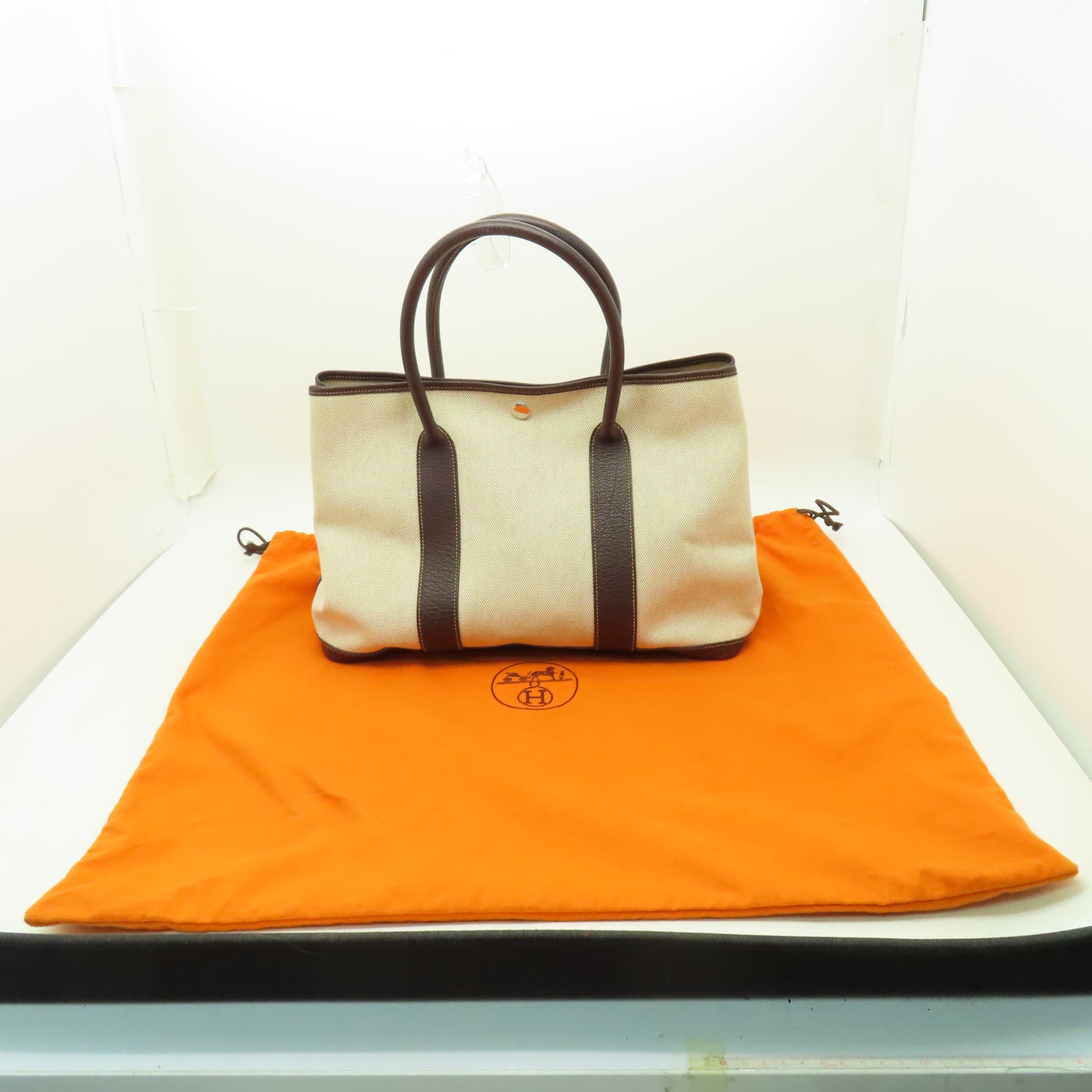 HERMES Toile H帆布Garden Party TPM銀扣手挽袋米色