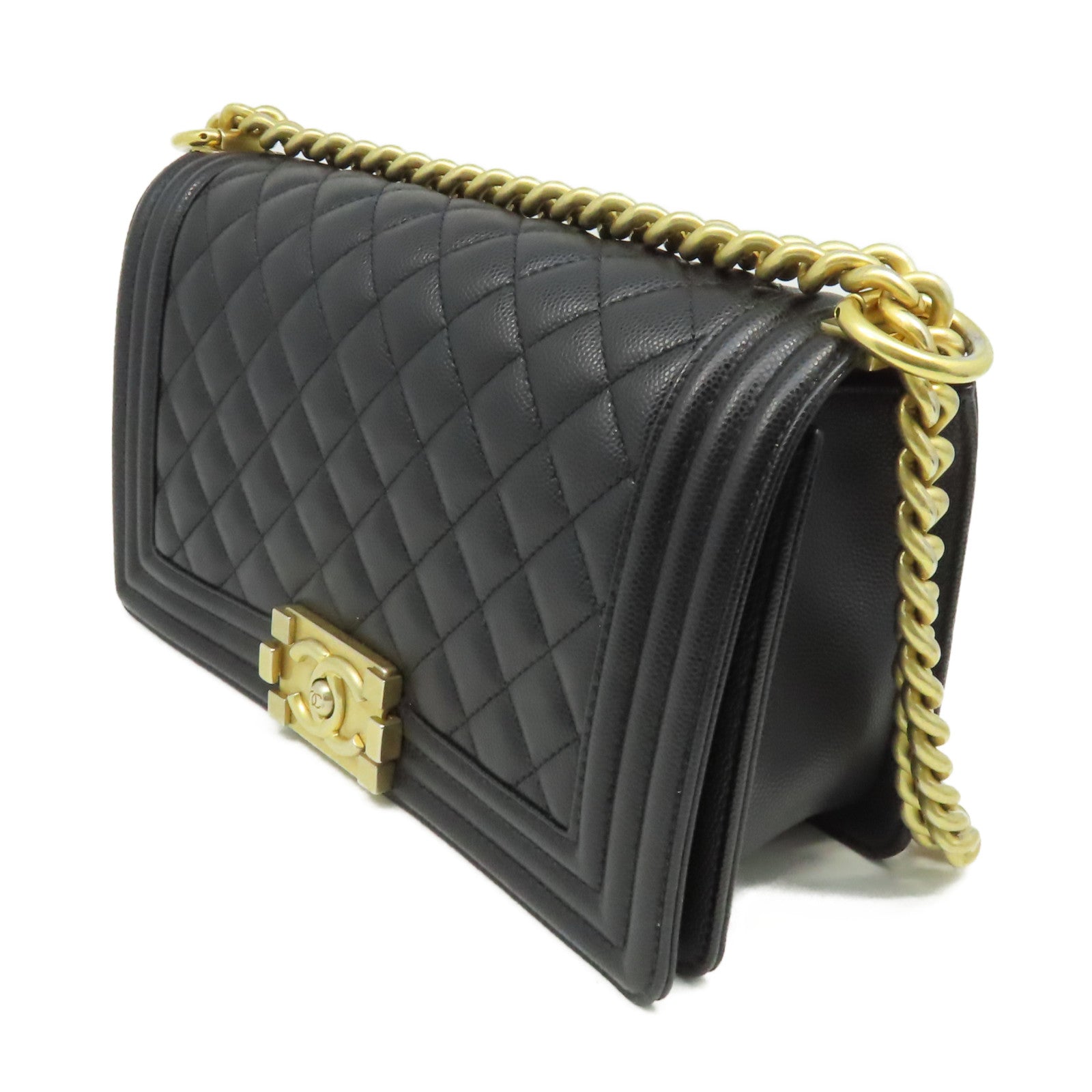 CHANEL 菱格Caviar皮革Boy Chanel 25cm Chain Shoulder Bag金扣鏈帶肩背袋黑色