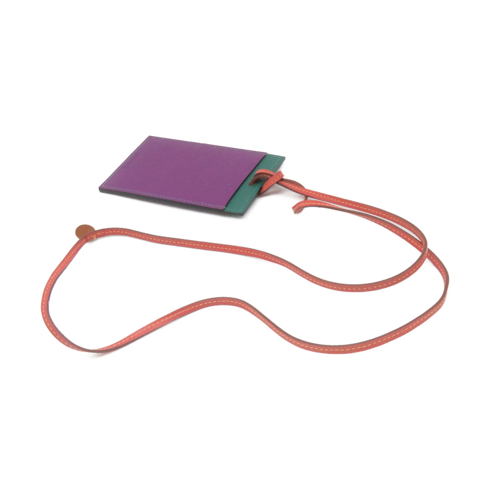 HERMES Epsom皮革Card Holder With Strap卡套P9/Z6紫色/綠色