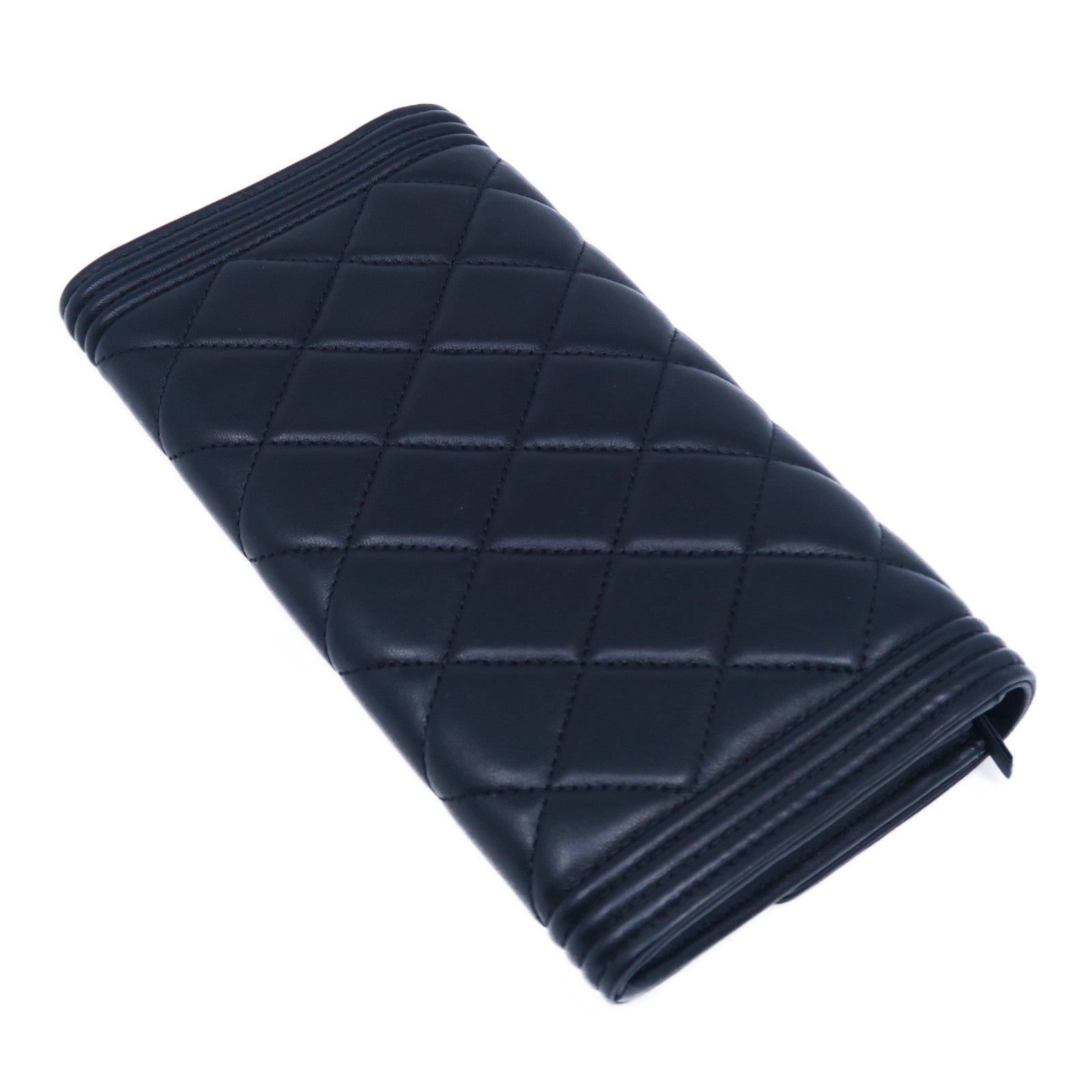 CHANEL 菱格羊皮皮革Boy Long Wallet銀扣長錢包黑色– Brand Off