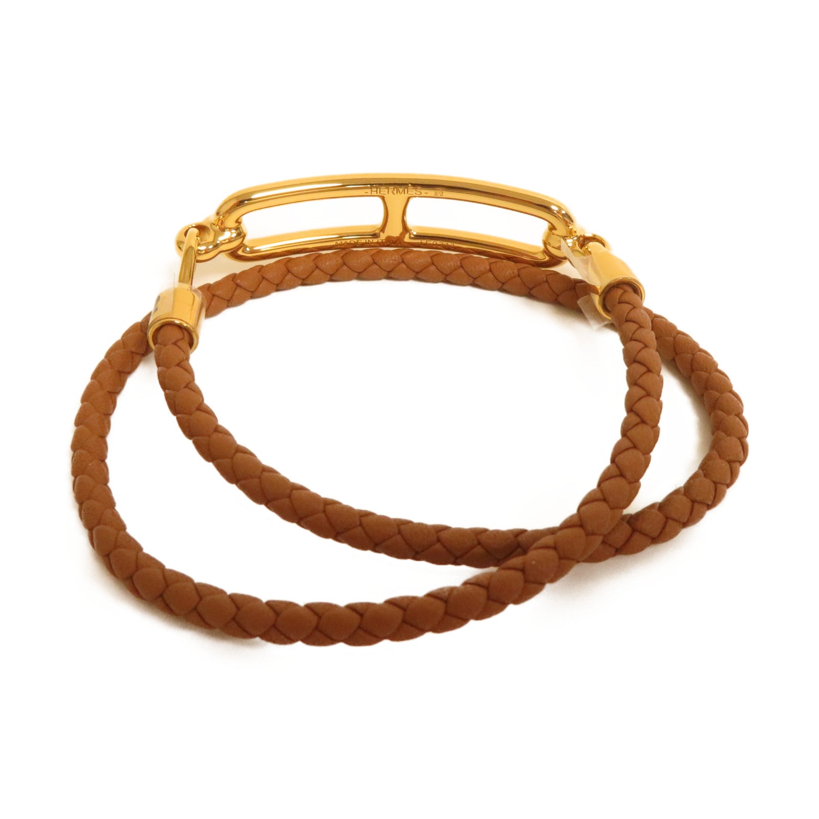 HERMES 牛皮皮革Roulis Double Tour Bracelet手鐲啡色/金色