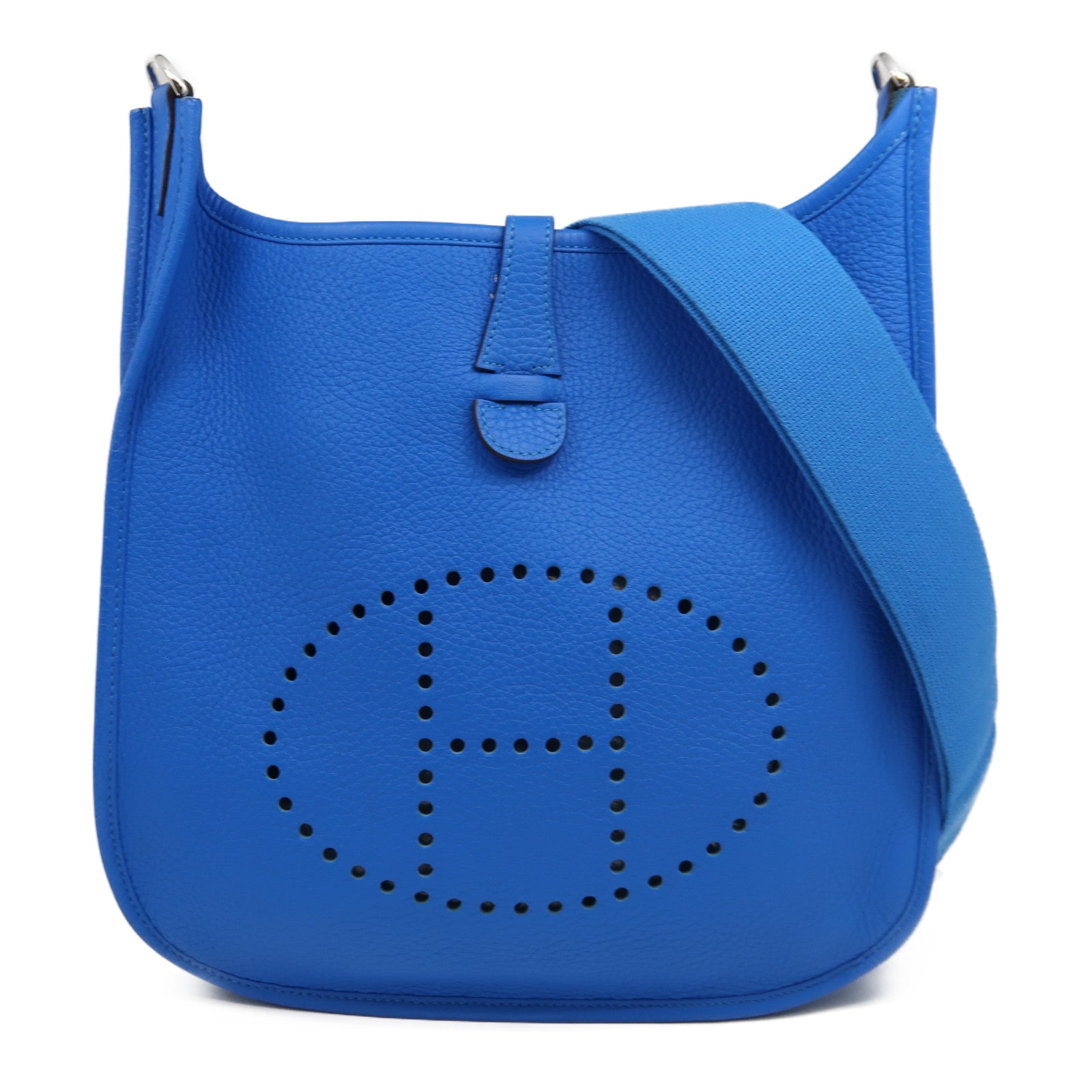 HERMES Clemence皮革Evelyne PM銀扣肩背袋Bleu France法國藍色
