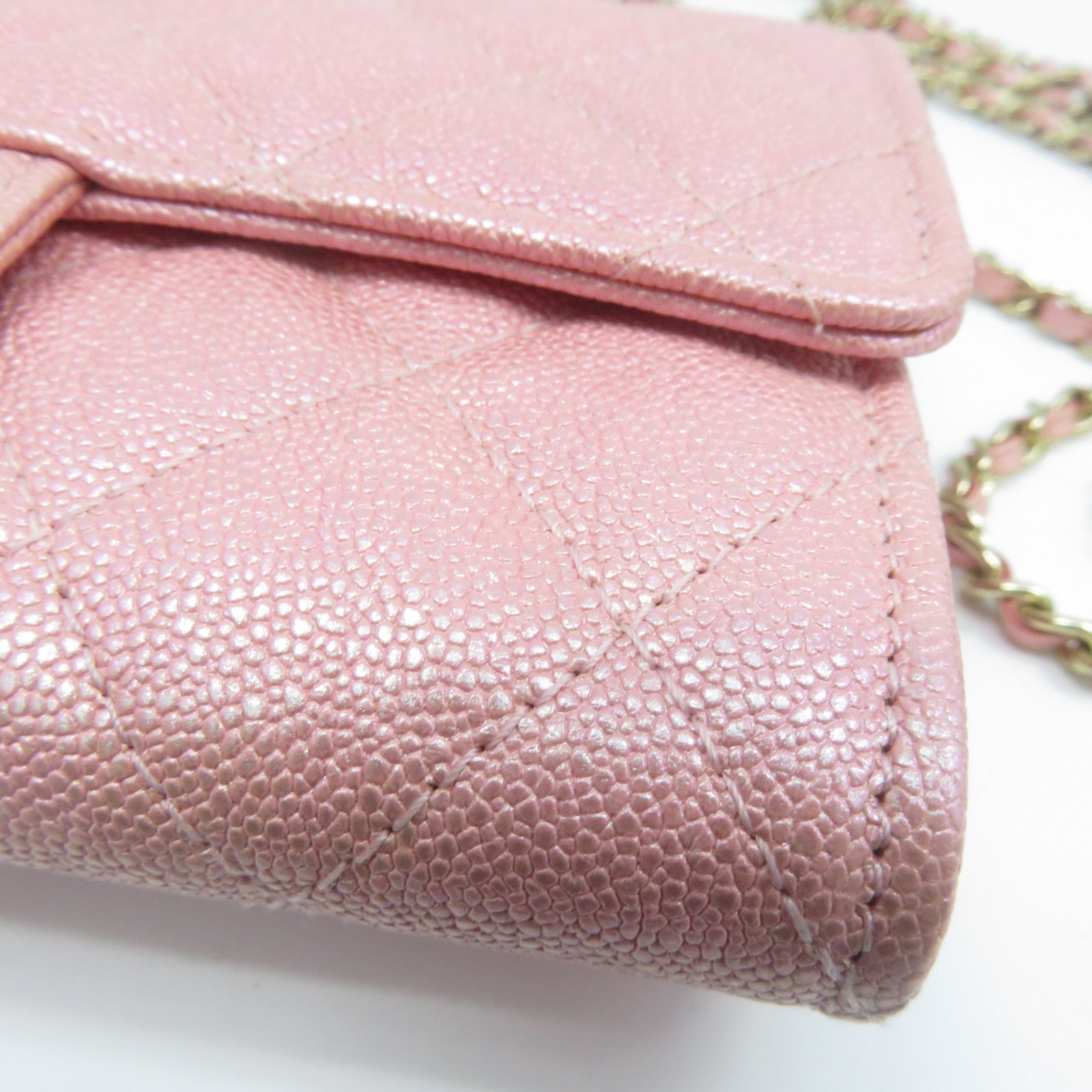 CHANEL 菱格Caviar皮革Wallet With Chain金扣鏈帶肩背袋粉紅色