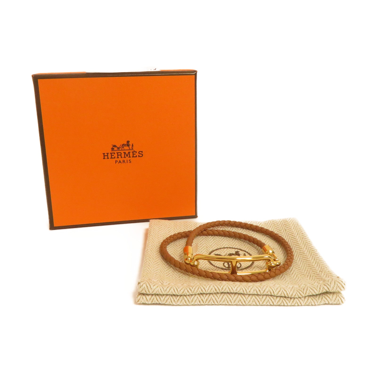 HERMES 牛皮皮革Roulis Double Tour Bracelet手鐲啡色/金色