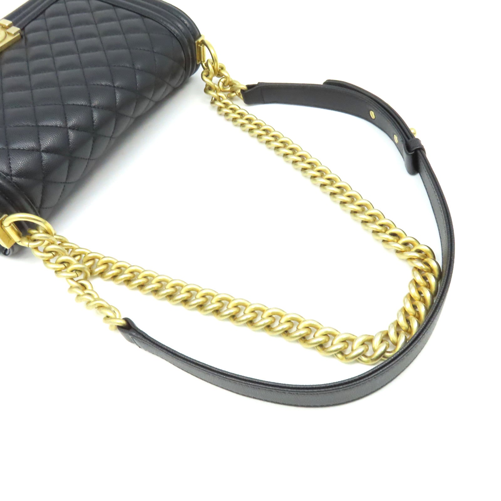CHANEL 菱格Caviar皮革Boy Chanel 25cm Chain Shoulder Bag金扣鏈帶肩背袋黑色