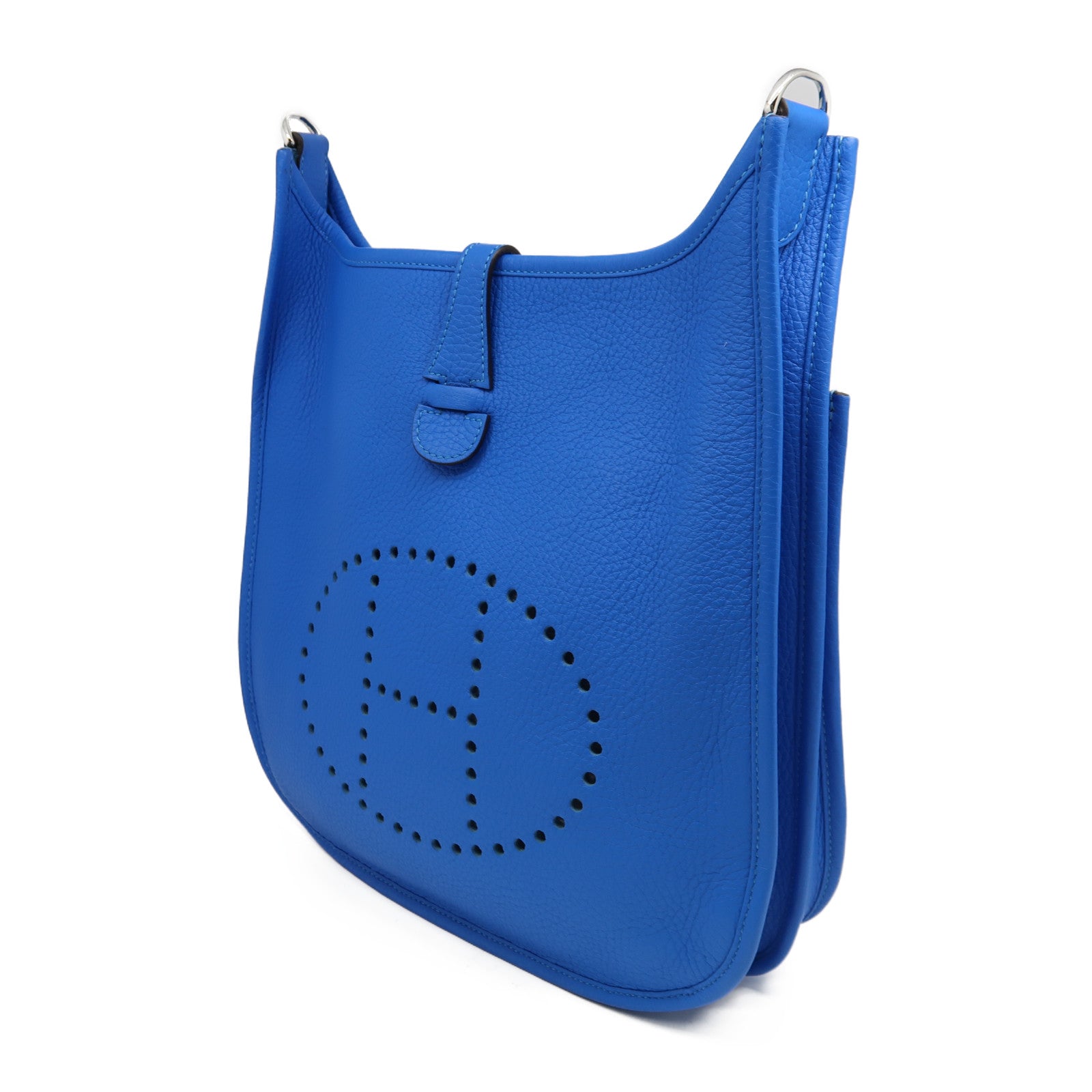 HERMES Clemence皮革Evelyne PM銀扣肩背袋Bleu France法國藍色